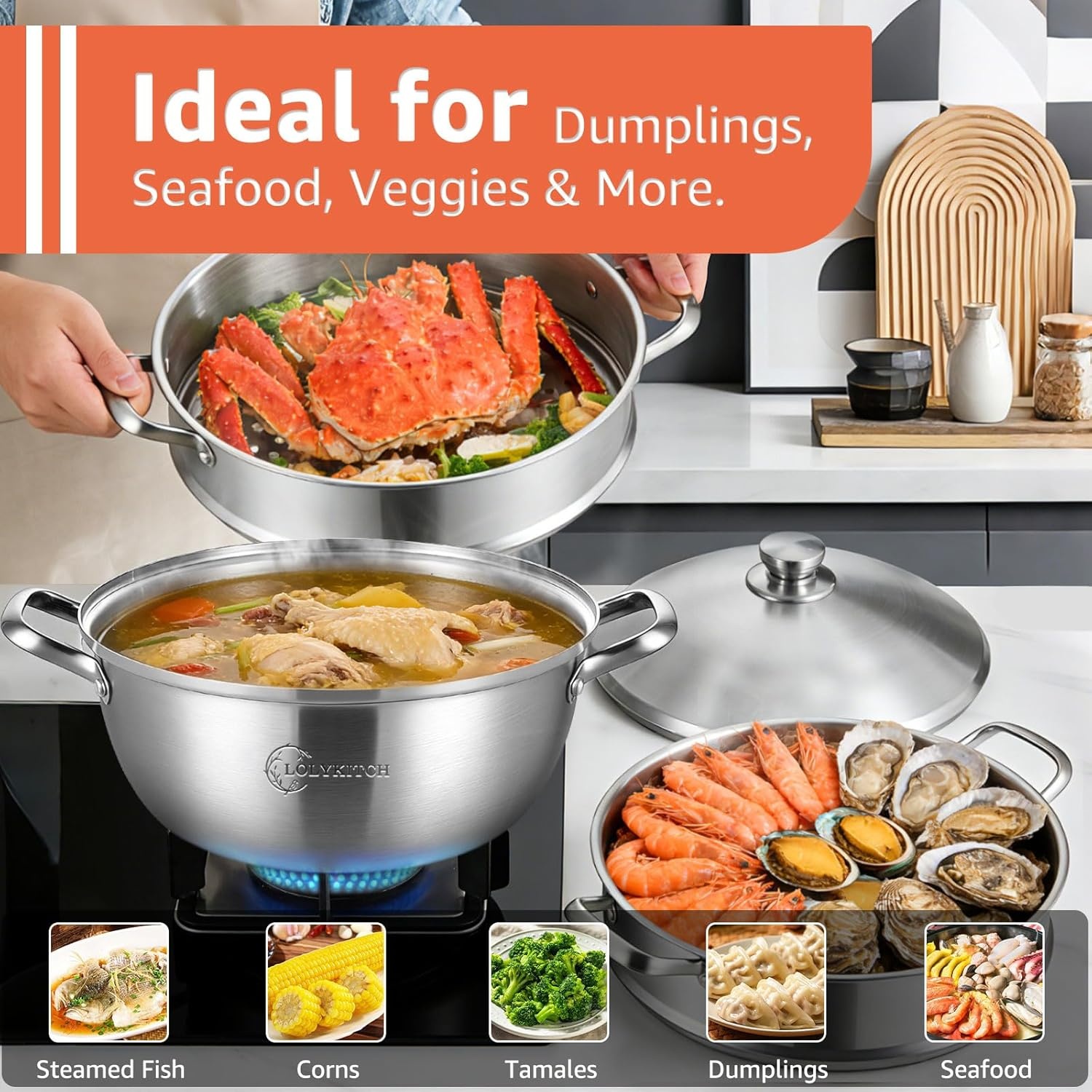image:imageLOLYKITCH 5 Quart Stainless Steel Steamer Pot with Glass Lid 3Ply Steaming Pot for Cooking 2 Tier Induction Steamer Pot for Tamales Seafood Vegetables Dumplings Stock Pot Thick80 Quarts