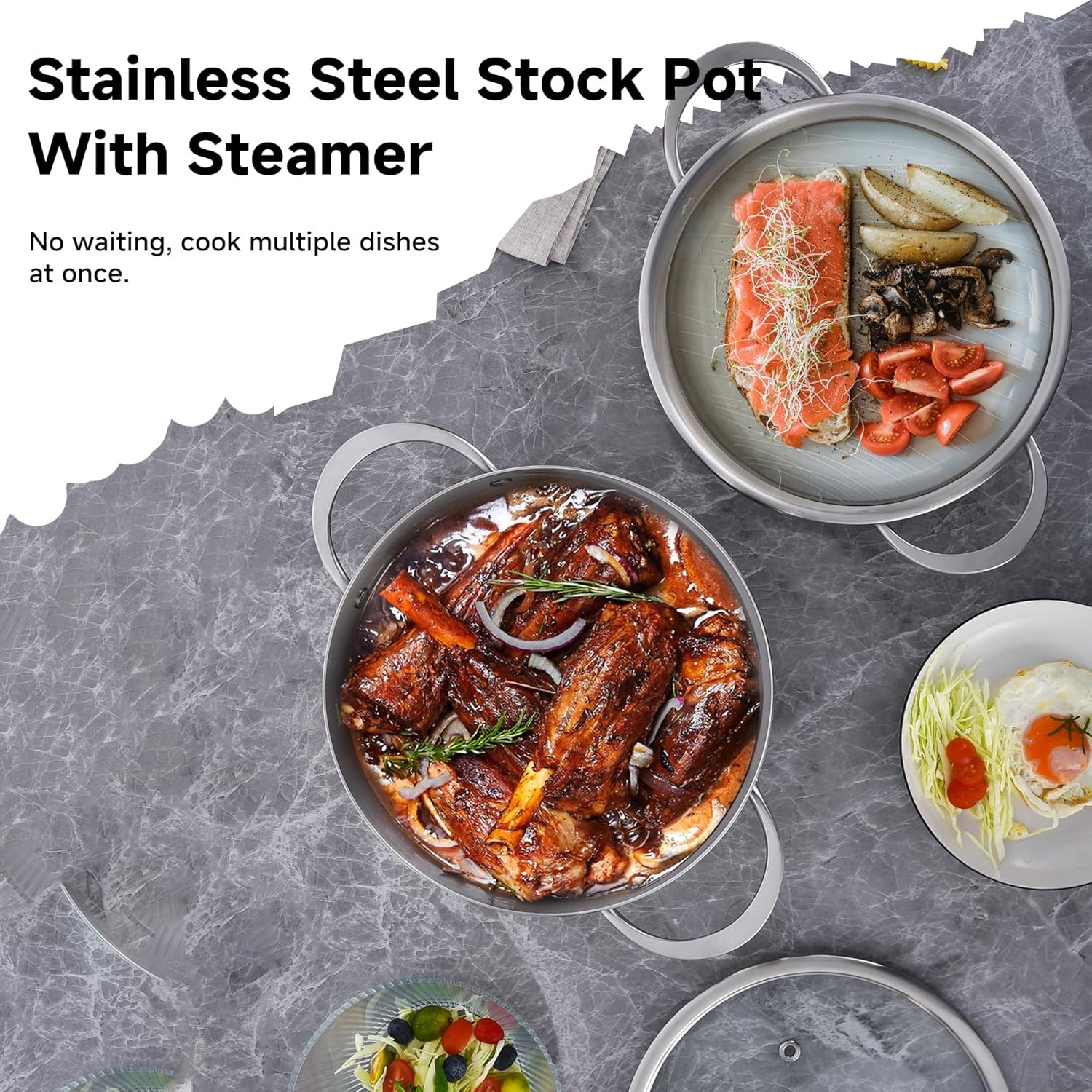 image:imageLOLYKITCH 5 Quart Stainless Steel Steamer Pot with Glass Lid 3Ply Steaming Pot for Cooking 2 Tier Induction Steamer Pot for Tamales Seafood Vegetables Dumplings Stock Pot Thick50 Quarts