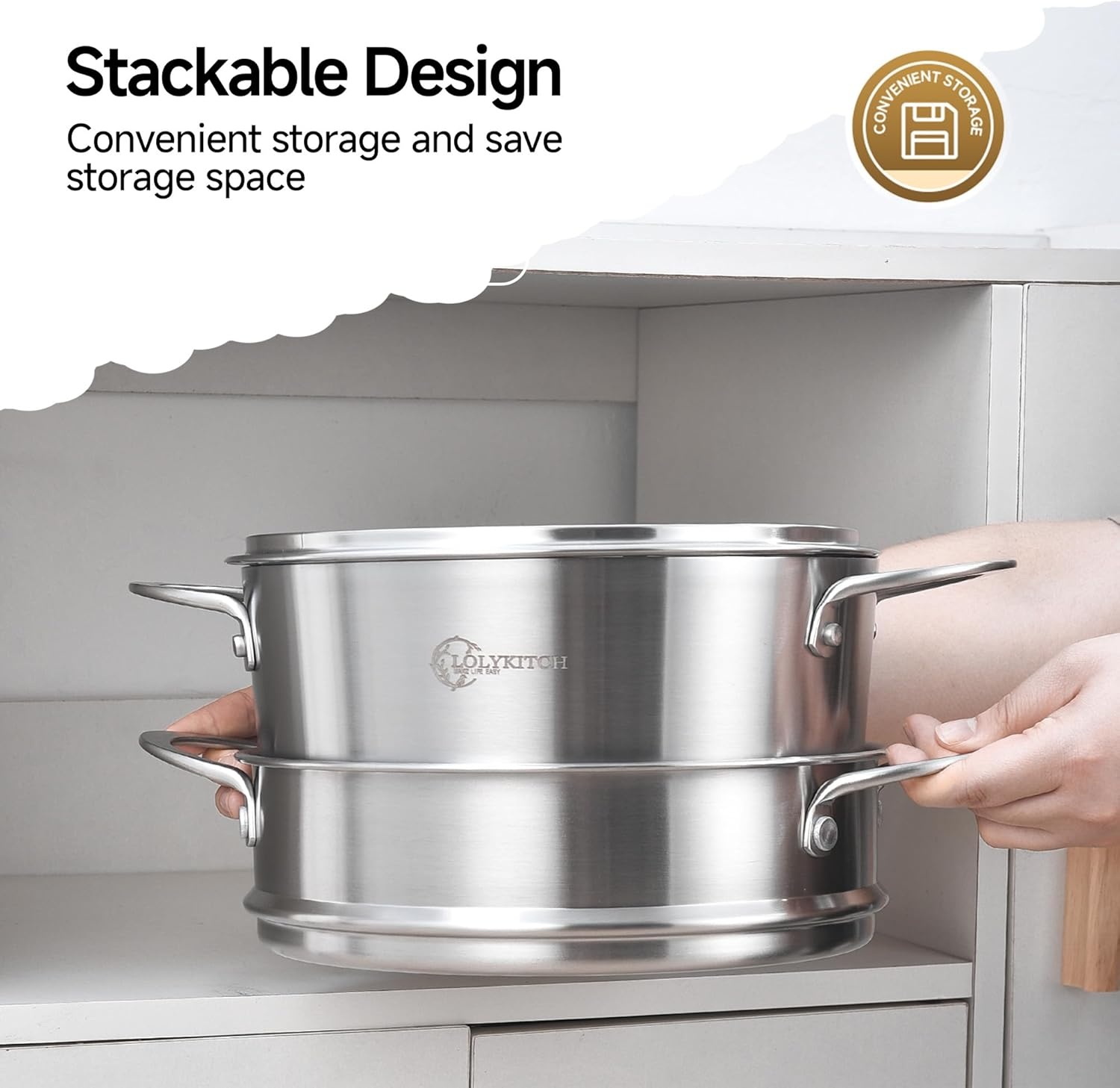 image:imageLOLYKITCH 5 Quart Stainless Steel Steamer Pot with Glass Lid 3Ply Steaming Pot for Cooking 2 Tier Induction Steamer Pot for Tamales Seafood Vegetables Dumplings Stock Pot Thick50 Quarts