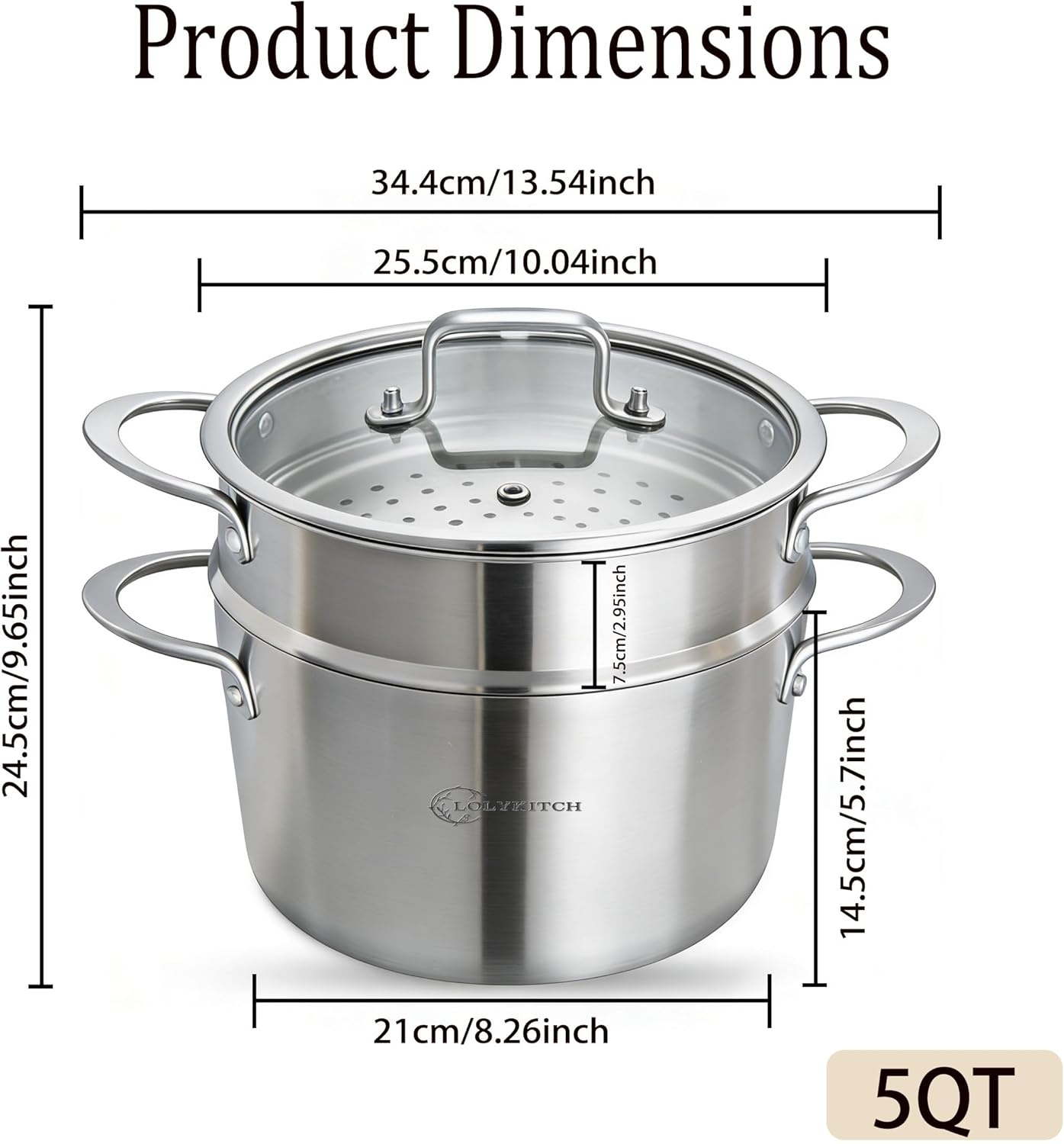 image:imageLOLYKITCH 5 Quart Stainless Steel Steamer Pot with Glass Lid 3Ply Steaming Pot for Cooking 2 Tier Induction Steamer Pot for Tamales Seafood Vegetables Dumplings Stock Pot Thick50 Quarts