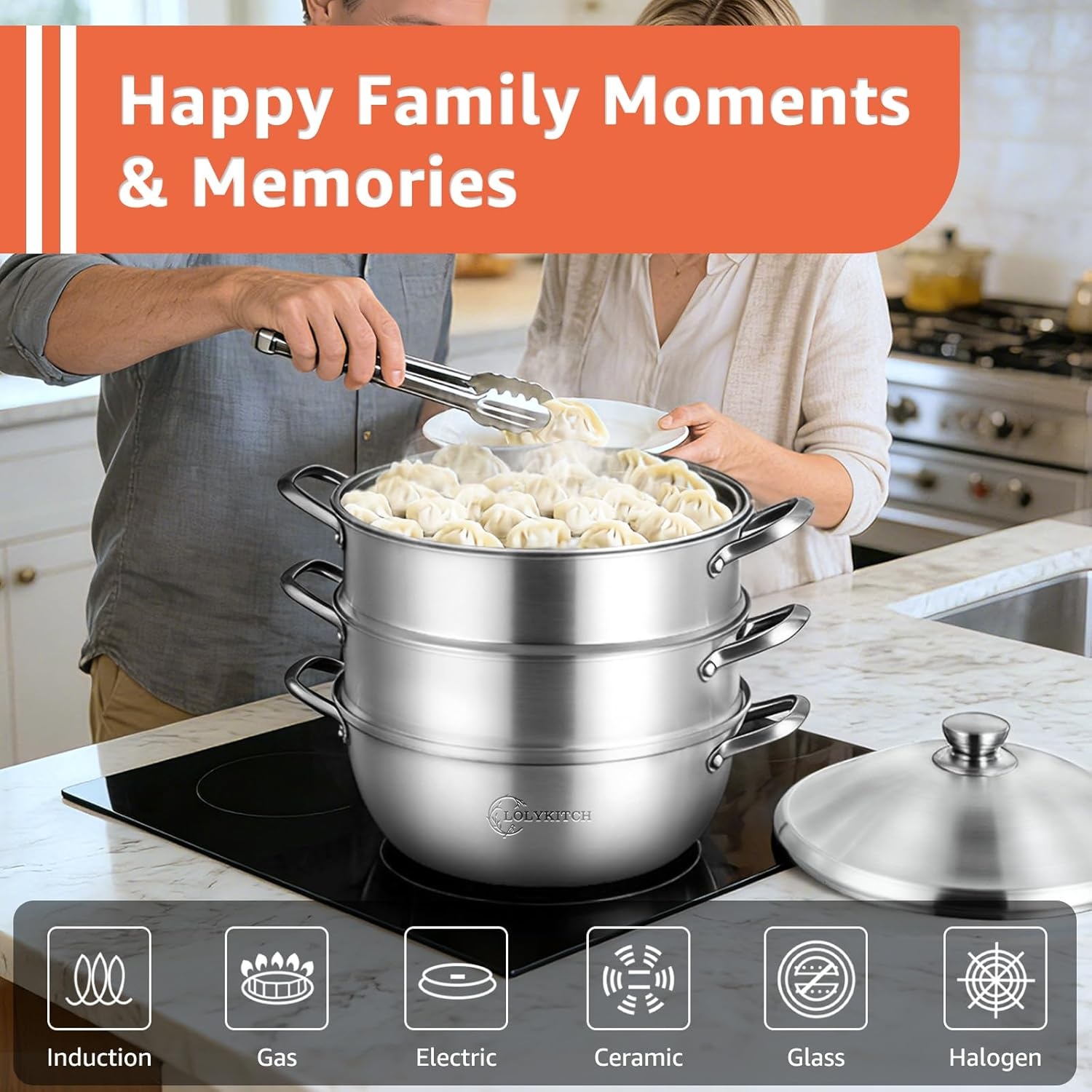 image:imageLOLYKITCH 5 Quart Stainless Steel Steamer Pot with Glass Lid 3Ply Steaming Pot for Cooking 2 Tier Induction Steamer Pot for Tamales Seafood Vegetables Dumplings Stock Pot Thick80 Quarts