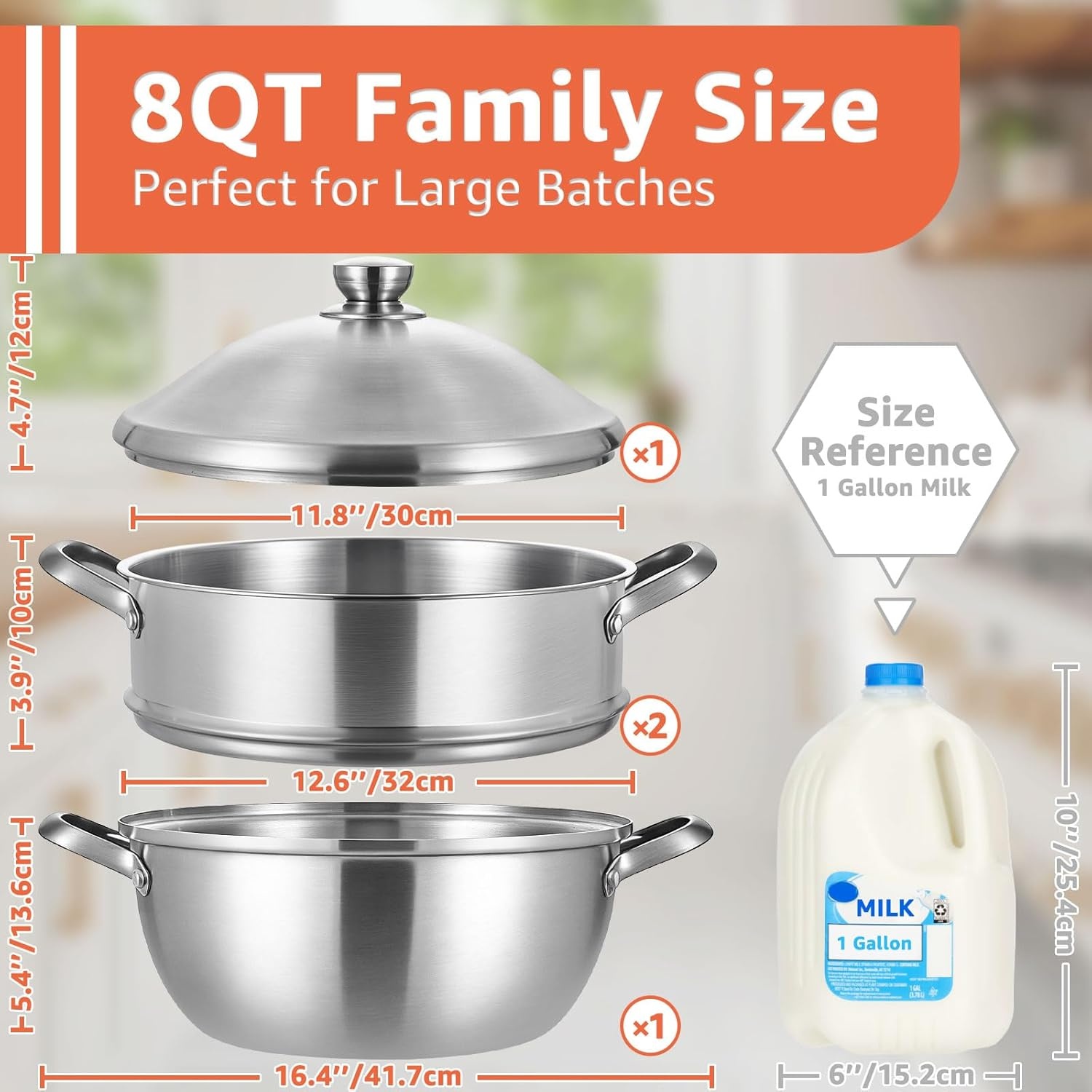 image:imageLOLYKITCH 5 Quart Stainless Steel Steamer Pot with Glass Lid 3Ply Steaming Pot for Cooking 2 Tier Induction Steamer Pot for Tamales Seafood Vegetables Dumplings Stock Pot Thick80 Quarts