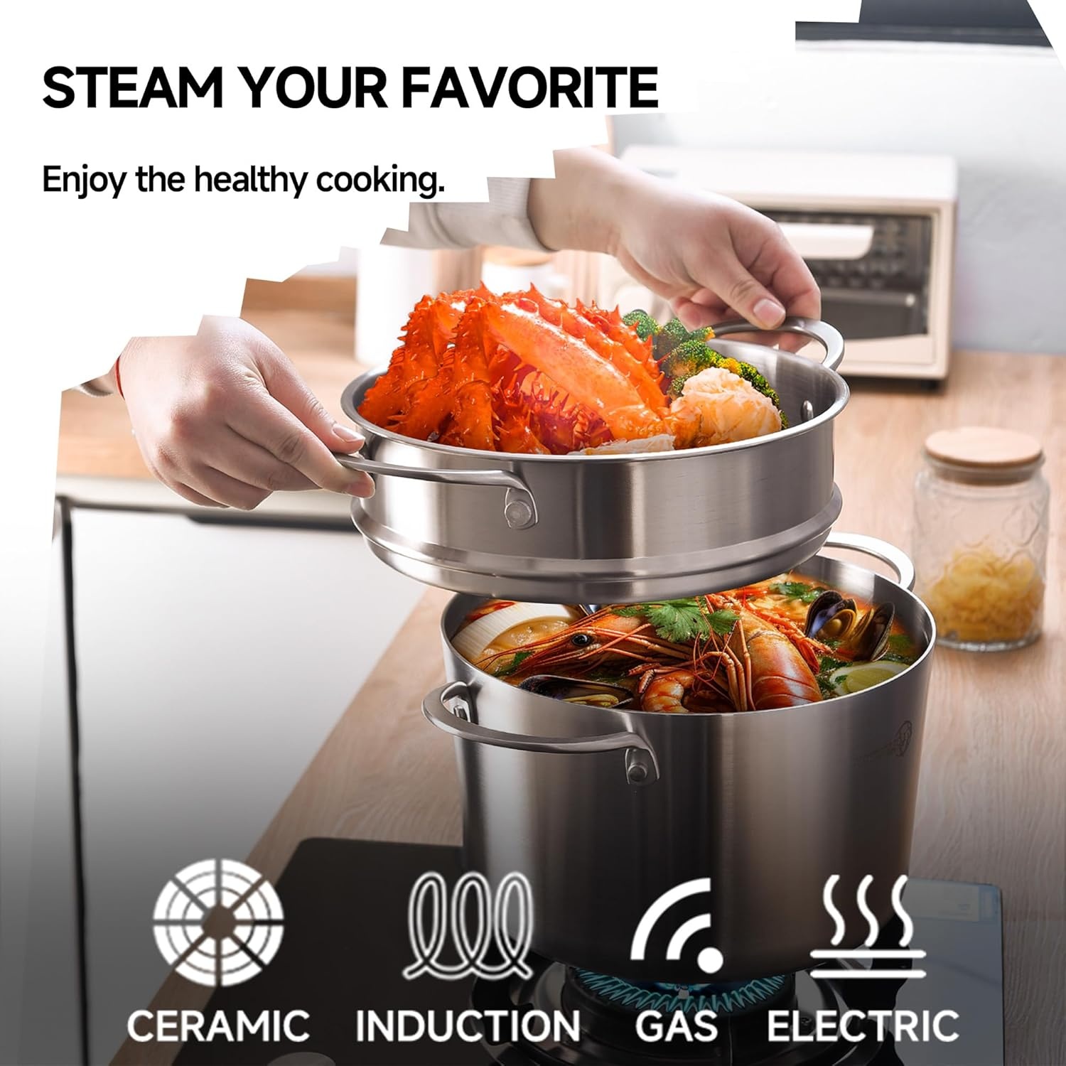 image:imageLOLYKITCH 5 Quart Stainless Steel Steamer Pot with Glass Lid 3Ply Steaming Pot for Cooking 2 Tier Induction Steamer Pot for Tamales Seafood Vegetables Dumplings Stock Pot Thick50 Quarts