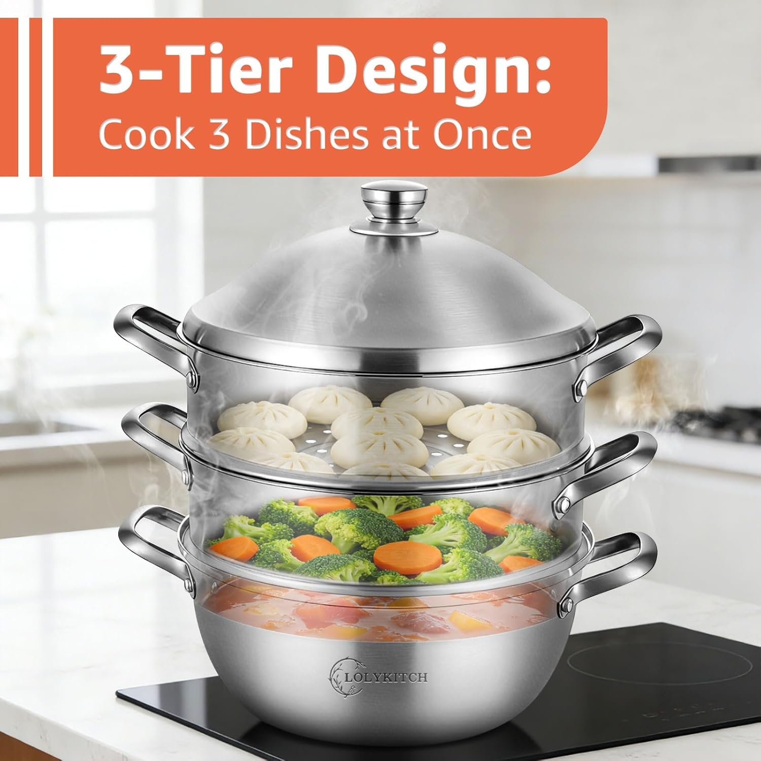 image:imageLOLYKITCH 5 Quart Stainless Steel Steamer Pot with Glass Lid 3Ply Steaming Pot for Cooking 2 Tier Induction Steamer Pot for Tamales Seafood Vegetables Dumplings Stock Pot Thick80 Quarts