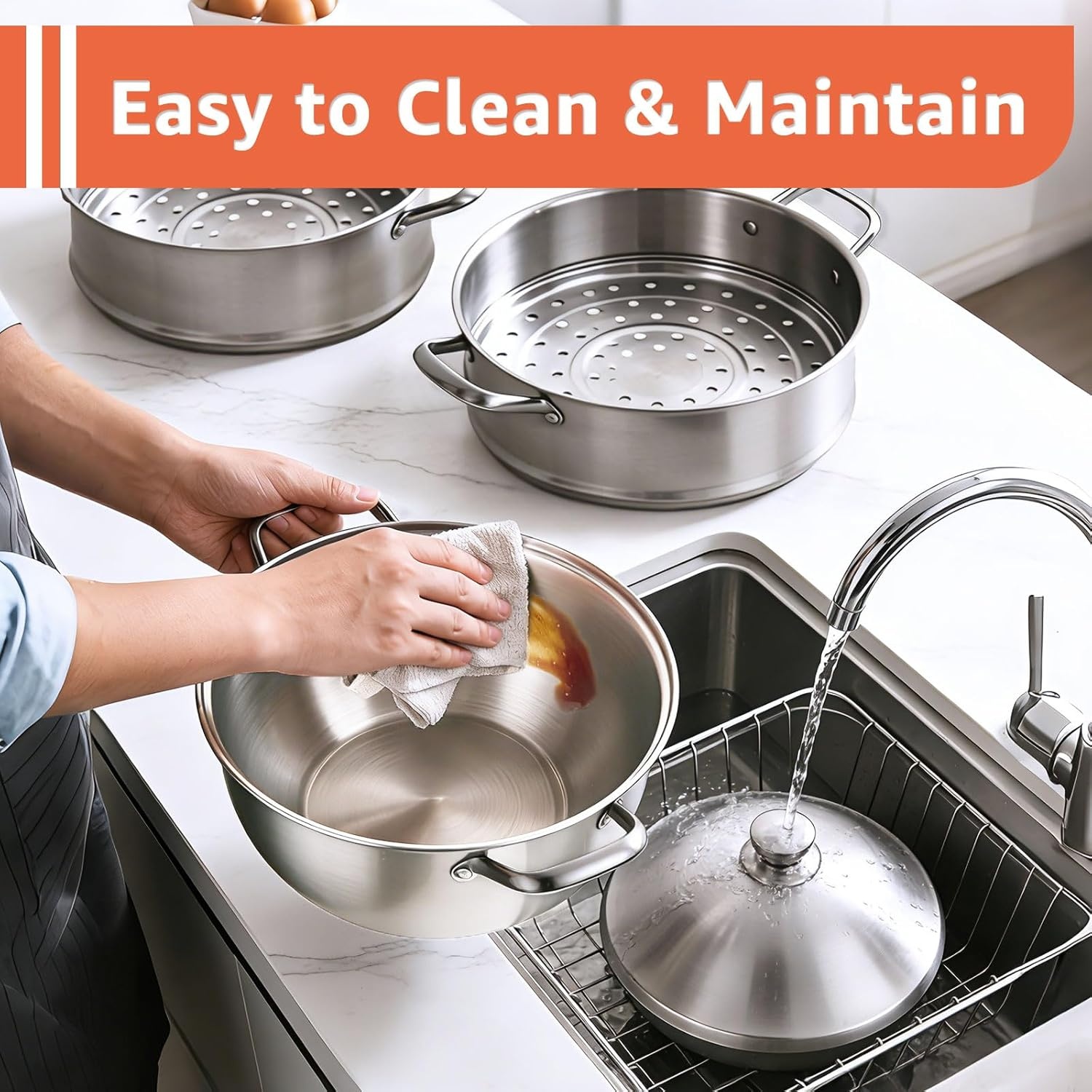 image:imageLOLYKITCH 5 Quart Stainless Steel Steamer Pot with Glass Lid 3Ply Steaming Pot for Cooking 2 Tier Induction Steamer Pot for Tamales Seafood Vegetables Dumplings Stock Pot Thick80 Quarts