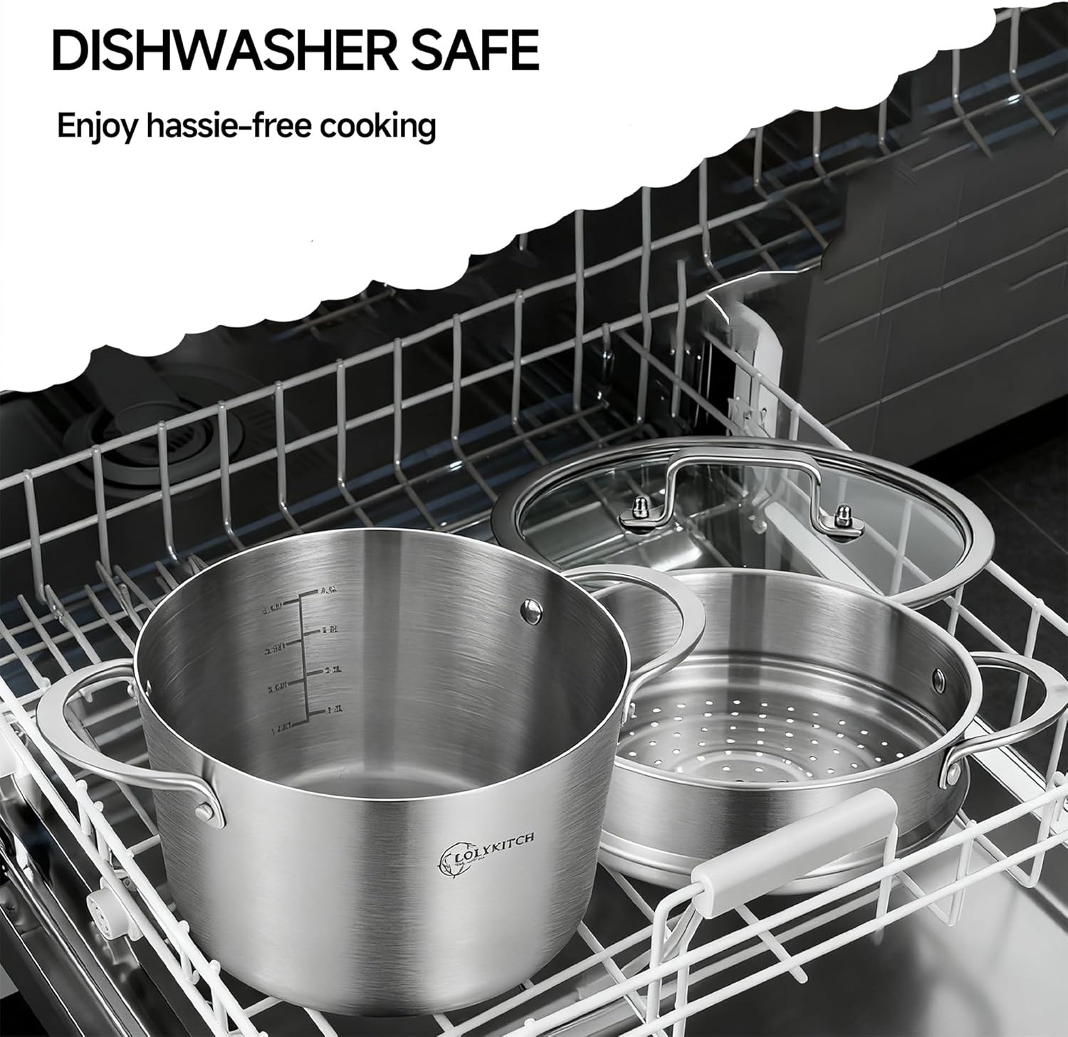 image:imageLOLYKITCH 5 Quart Stainless Steel Steamer Pot with Glass Lid 3Ply Steaming Pot for Cooking 2 Tier Induction Steamer Pot for Tamales Seafood Vegetables Dumplings Stock Pot Thick50 Quarts
