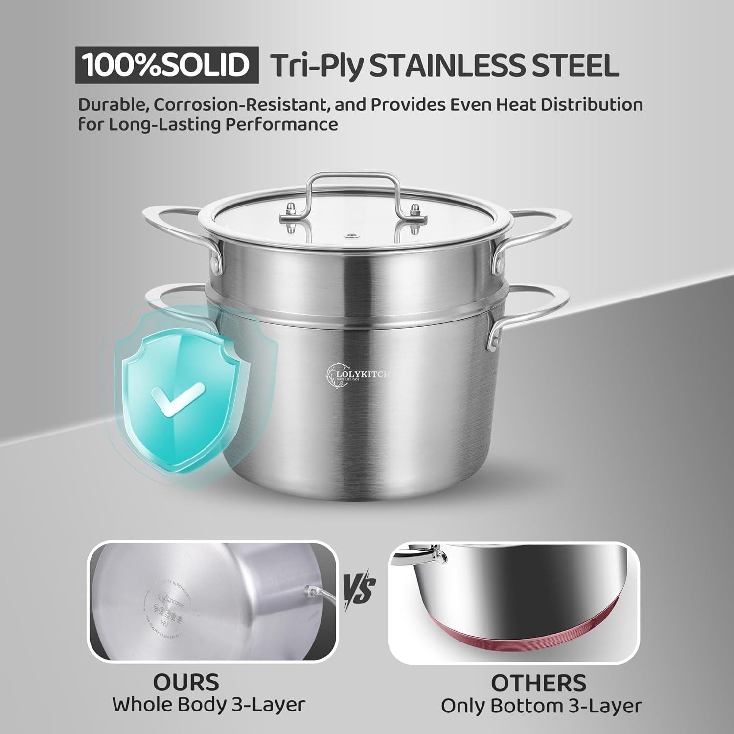 image:imageLOLYKITCH 5 Quart Stainless Steel Steamer Pot with Glass Lid 3Ply Steaming Pot for Cooking 2 Tier Induction Steamer Pot for Tamales Seafood Vegetables Dumplings Stock Pot Thick50 Quarts