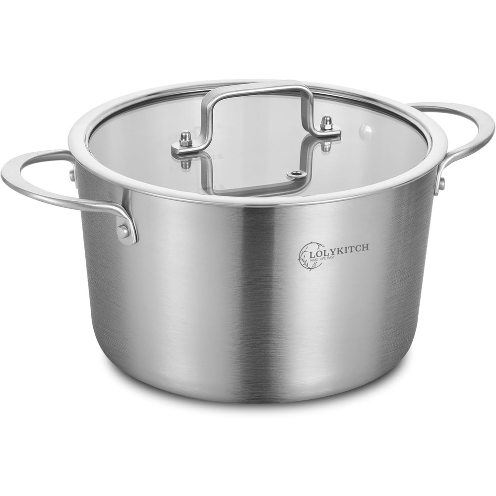 image:imageLOLYKITCH TriPly Whole Clad 8 Quarts Stainless Steel Stock Pot with LidInduction Cooking PotSoup PotHeavy DutyOven and Diswasher safeSilver