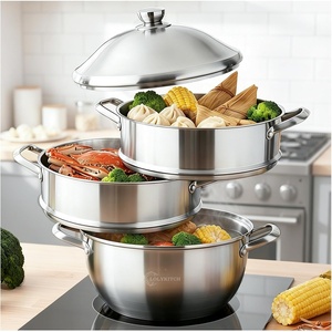 image:imageLOLYKITCH 5 Quart Stainless Steel Steamer Pot with Glass Lid 3Ply Steaming Pot for Cooking 2 Tier Induction Steamer Pot for Tamales Seafood Vegetables Dumplings Stock Pot Thick80 Quarts