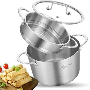 image:imageLOLYKITCH 5 Quart Stainless Steel Steamer Pot with Glass Lid 3Ply Steaming Pot for Cooking 2 Tier Induction Steamer Pot for Tamales Seafood Vegetables Dumplings Stock Pot Thick50 Quarts