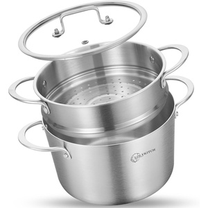 image:imageLOLYKITCH 5 Quart Stainless Steel Steamer Pot with Glass Lid 3Ply Steaming Pot for Cooking 2 Tier Induction Steamer Pot for Tamales Seafood Vegetables Dumplings Stock Pot Thick30 Quarts