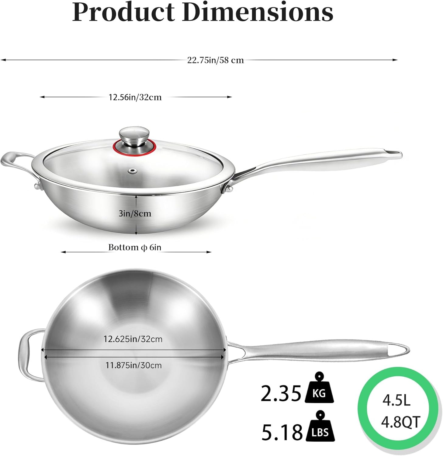 image:imageLOLYKITCH 10 Inch Small Stainless Steel Wok with Glass Lid TriPly Stir Fry Pan with Detachable Handle Uncoated Cooking Wok for Induction amp Glass Flat Bottom SGS Certified Cookware12Inch with Lid Detachable Handle