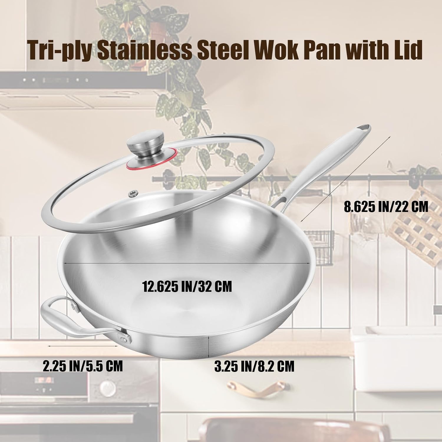 image:imageLOLYKITCH 10 Inch Small Stainless Steel Wok with Glass Lid TriPly Stir Fry Pan with Detachable Handle Uncoated Cooking Wok for Induction amp Glass Flat Bottom SGS Certified Cookware12Inch with Lid Detachable Handle
