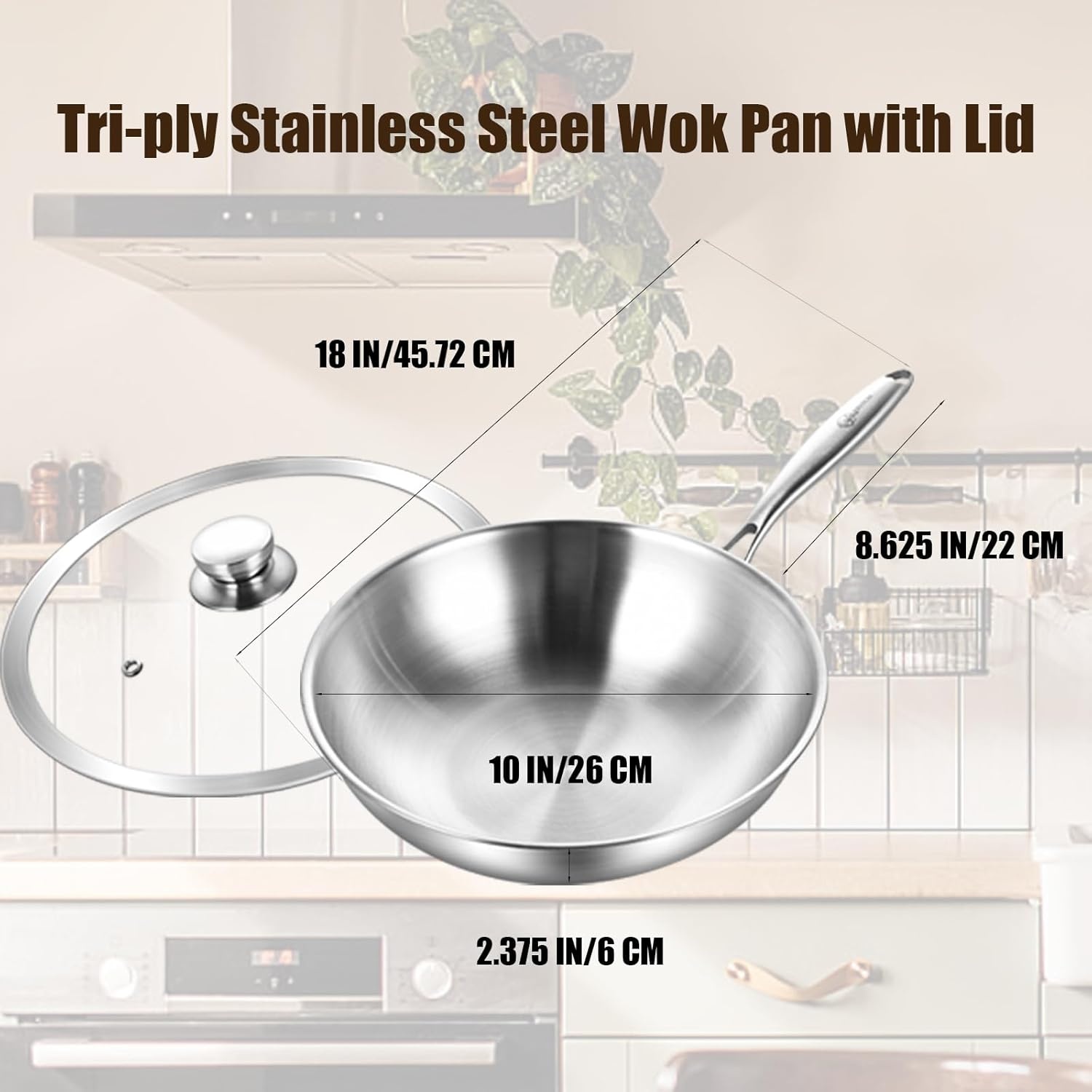image:imageLOLYKITCH 10 Inch Small Stainless Steel Wok with Glass Lid TriPly Stir Fry Pan with Detachable Handle Uncoated Cooking Wok for Induction amp Glass Flat Bottom SGS Certified Cookware10Inch with Lid Riveted Handle
