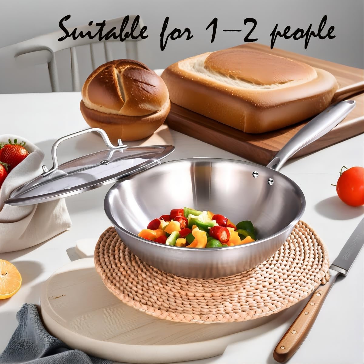 image:imageLOLYKITCH 10 Inch Small Stainless Steel Wok with Glass Lid TriPly Stir Fry Pan with Detachable Handle Uncoated Cooking Wok for Induction amp Glass Flat Bottom SGS Certified Cookware10Inch with Lid Riveted Handle
