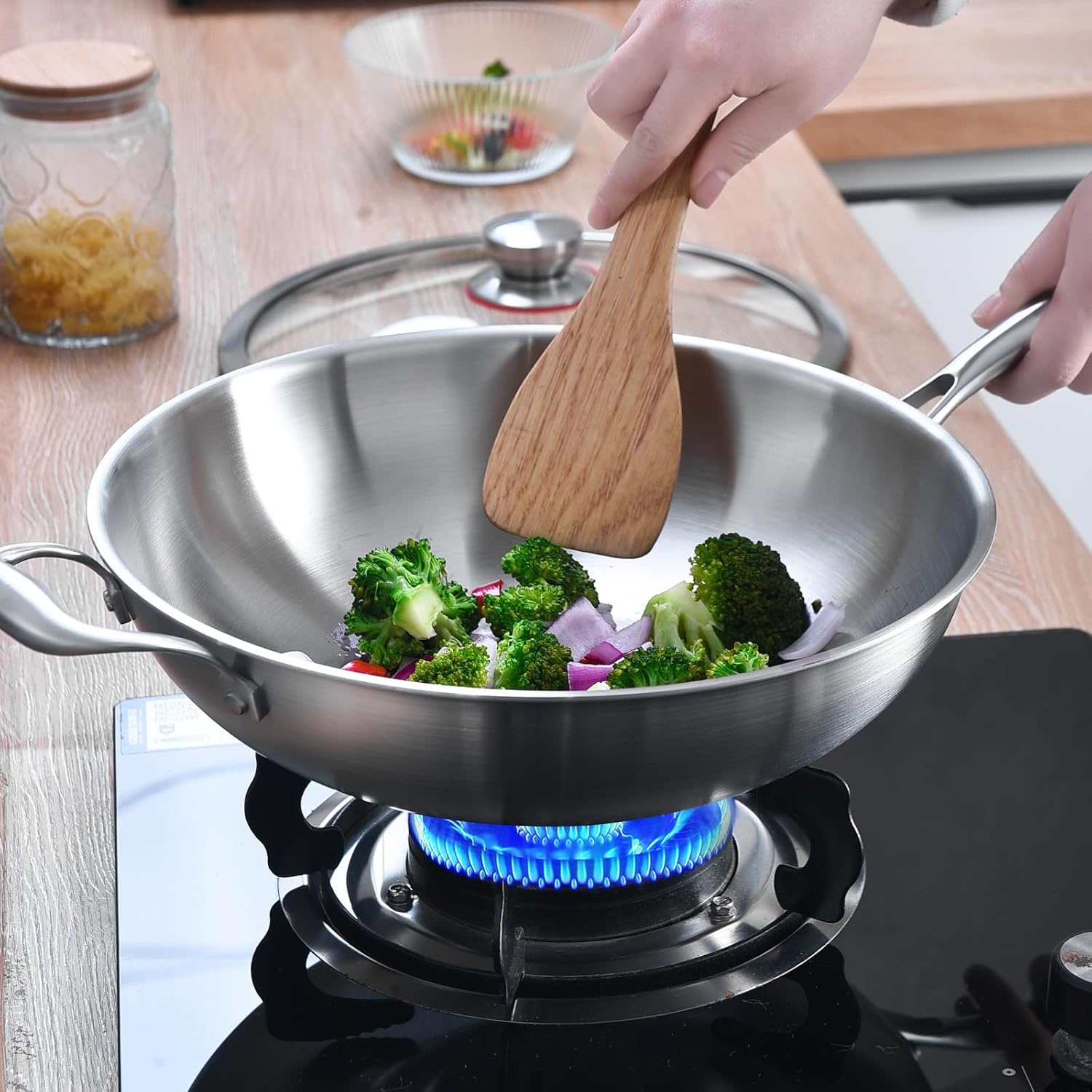 image:imageLOLYKITCH 10 Inch Small Stainless Steel Wok with Glass Lid TriPly Stir Fry Pan with Detachable Handle Uncoated Cooking Wok for Induction amp Glass Flat Bottom SGS Certified Cookware12Inch with Lid Detachable Handle