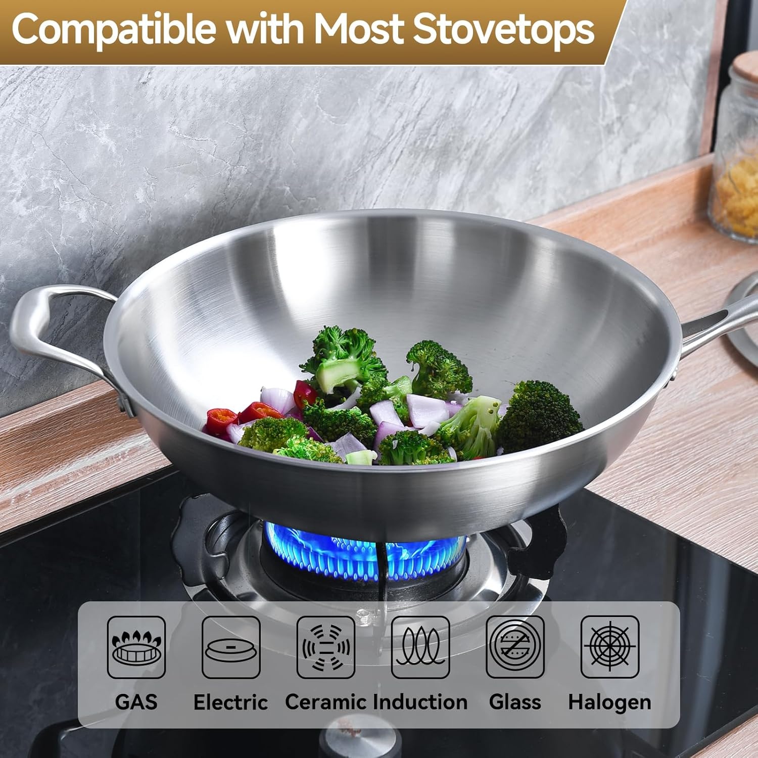 image:imageLOLYKITCH 10 Inch Small Stainless Steel Wok with Glass Lid TriPly Stir Fry Pan with Detachable Handle Uncoated Cooking Wok for Induction amp Glass Flat Bottom SGS Certified Cookware12Inch with Lid Detachable Handle