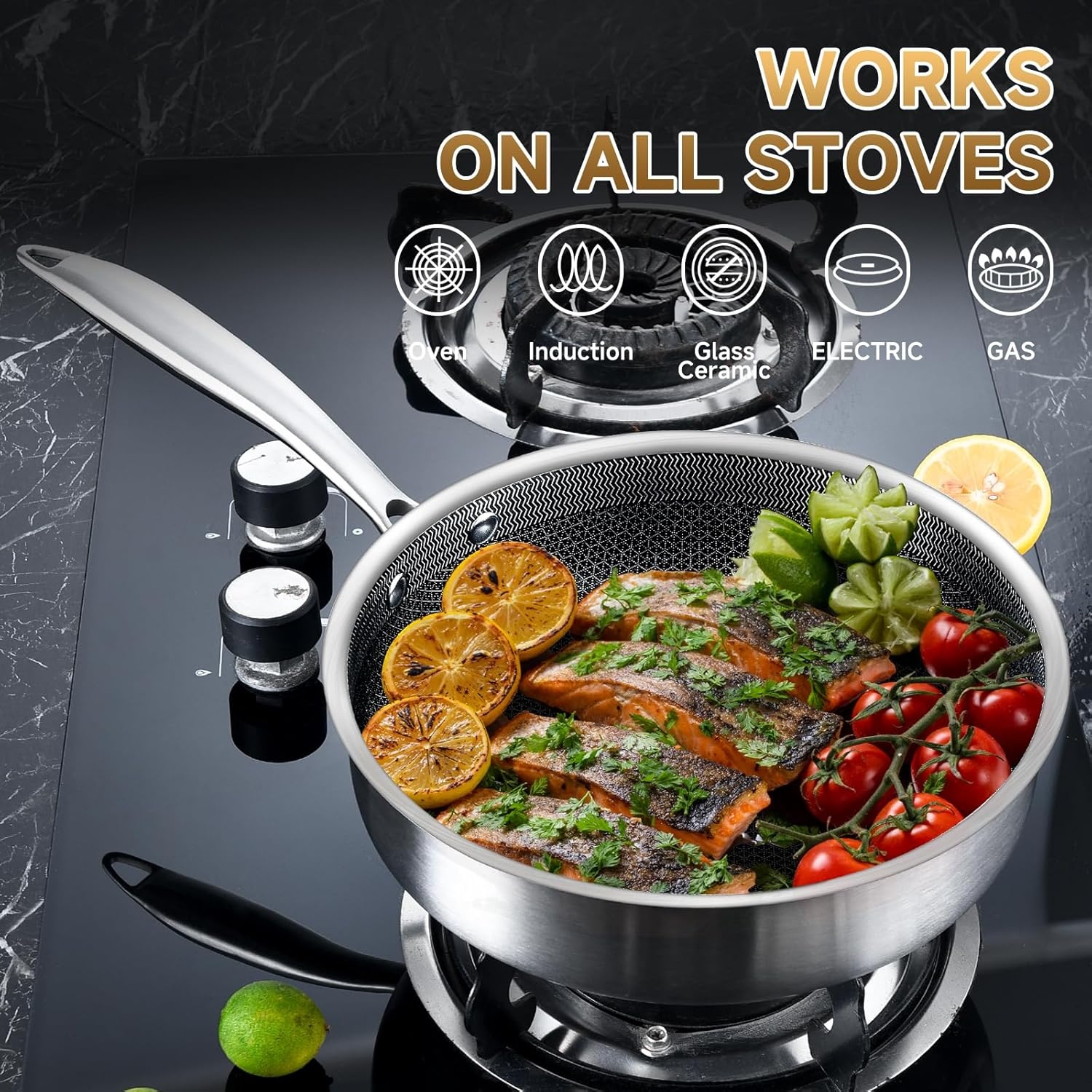 image:imageLOLYKITCH 12 Inch Deep Frying Pan with Lid Nonstick 5QT TriPly Stainless Steel Saut Pan with Ceramic Coating PFOA amp PFOS Free Induction Cooking Skillet Dishwasher and Oven Safe3 QT Riveted Handle