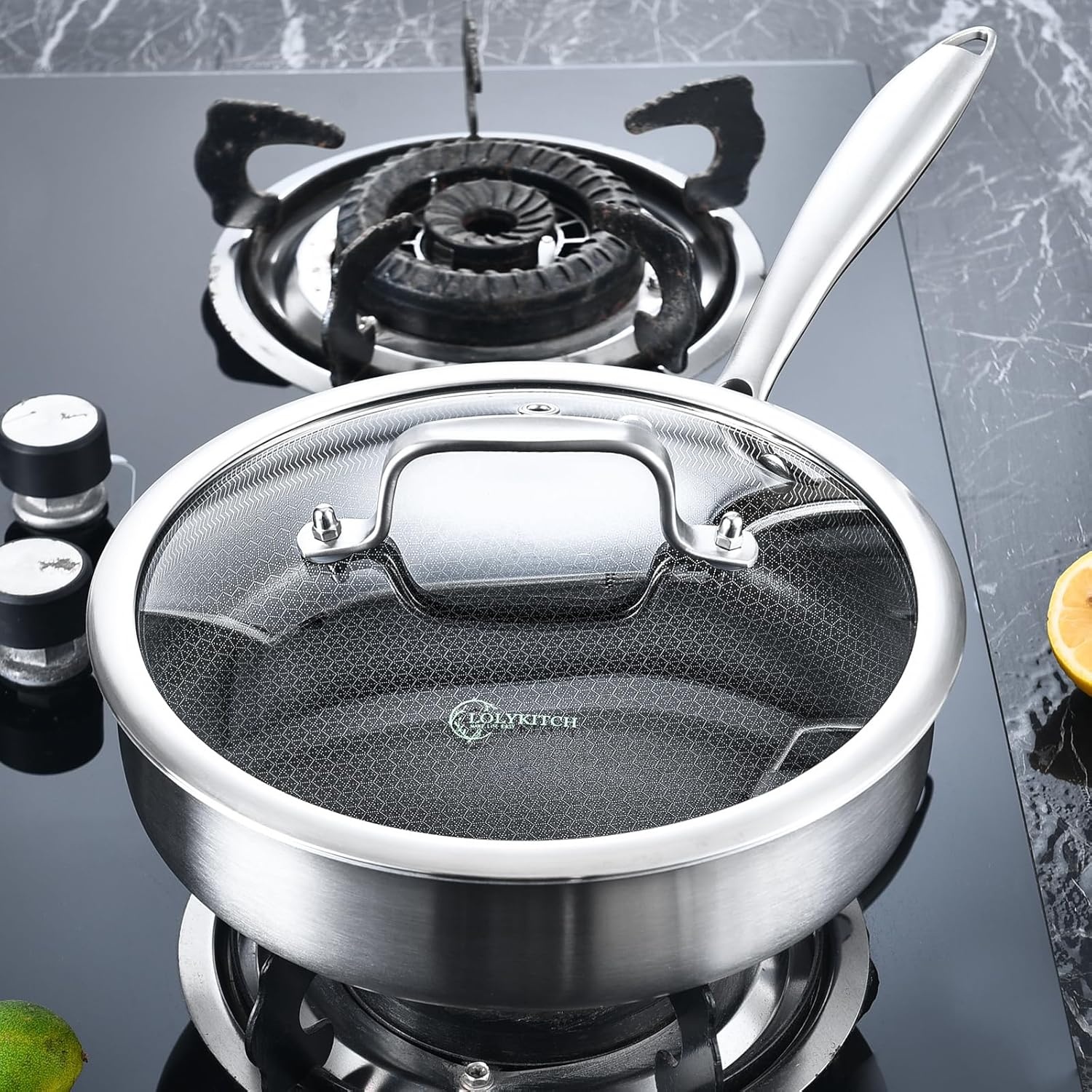 image:imageLOLYKITCH 12 Inch Deep Frying Pan with Lid Nonstick 5QT TriPly Stainless Steel Saut Pan with Ceramic Coating PFOA amp PFOS Free Induction Cooking Skillet Dishwasher and Oven Safe3 QT Riveted Handle