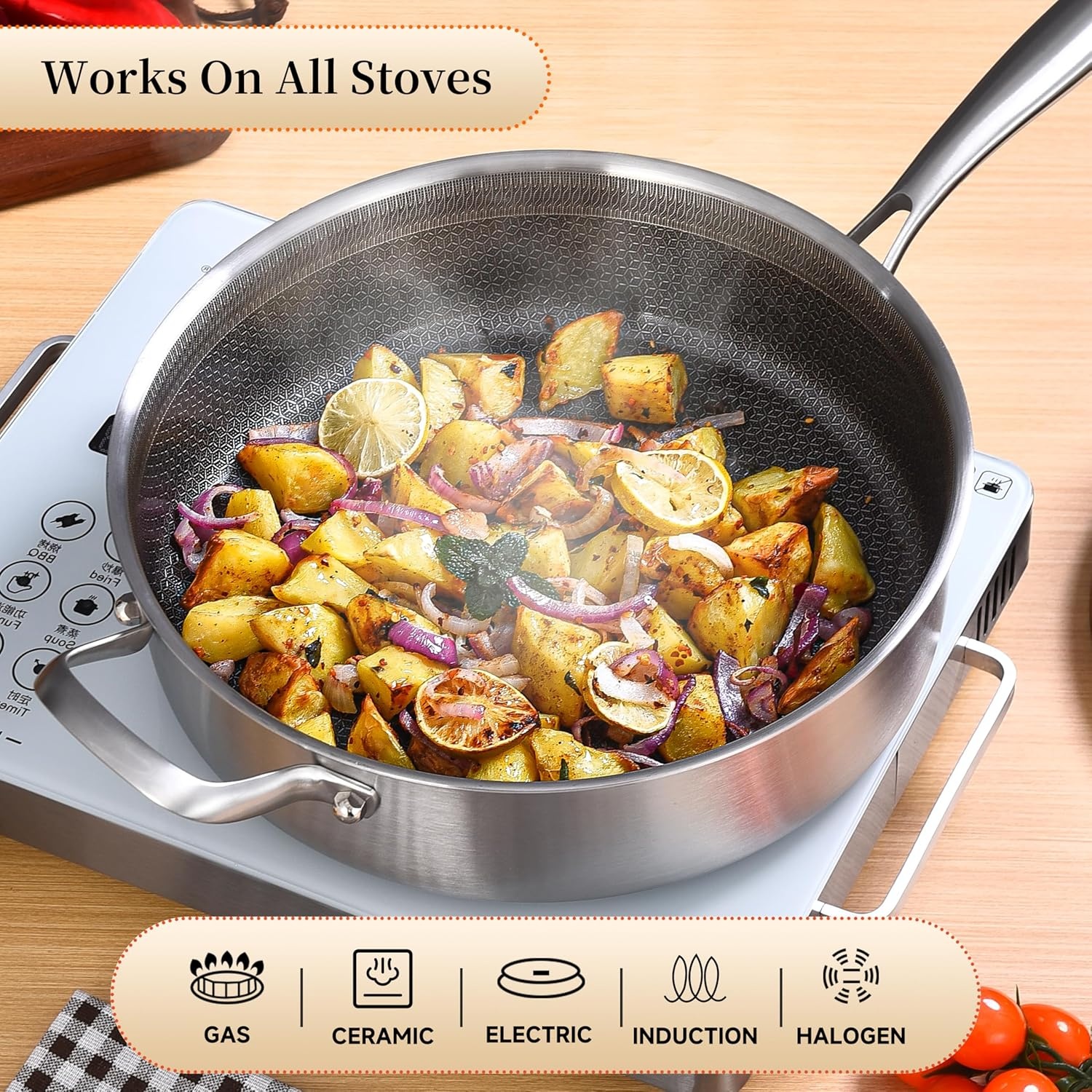 image:imageLOLYKITCH 12 Inch Deep Frying Pan with Lid Nonstick 5QT TriPly Stainless Steel Saut Pan with Ceramic Coating PFOA amp PFOS Free Induction Cooking Skillet Dishwasher and Oven Safe7 QT with Lid