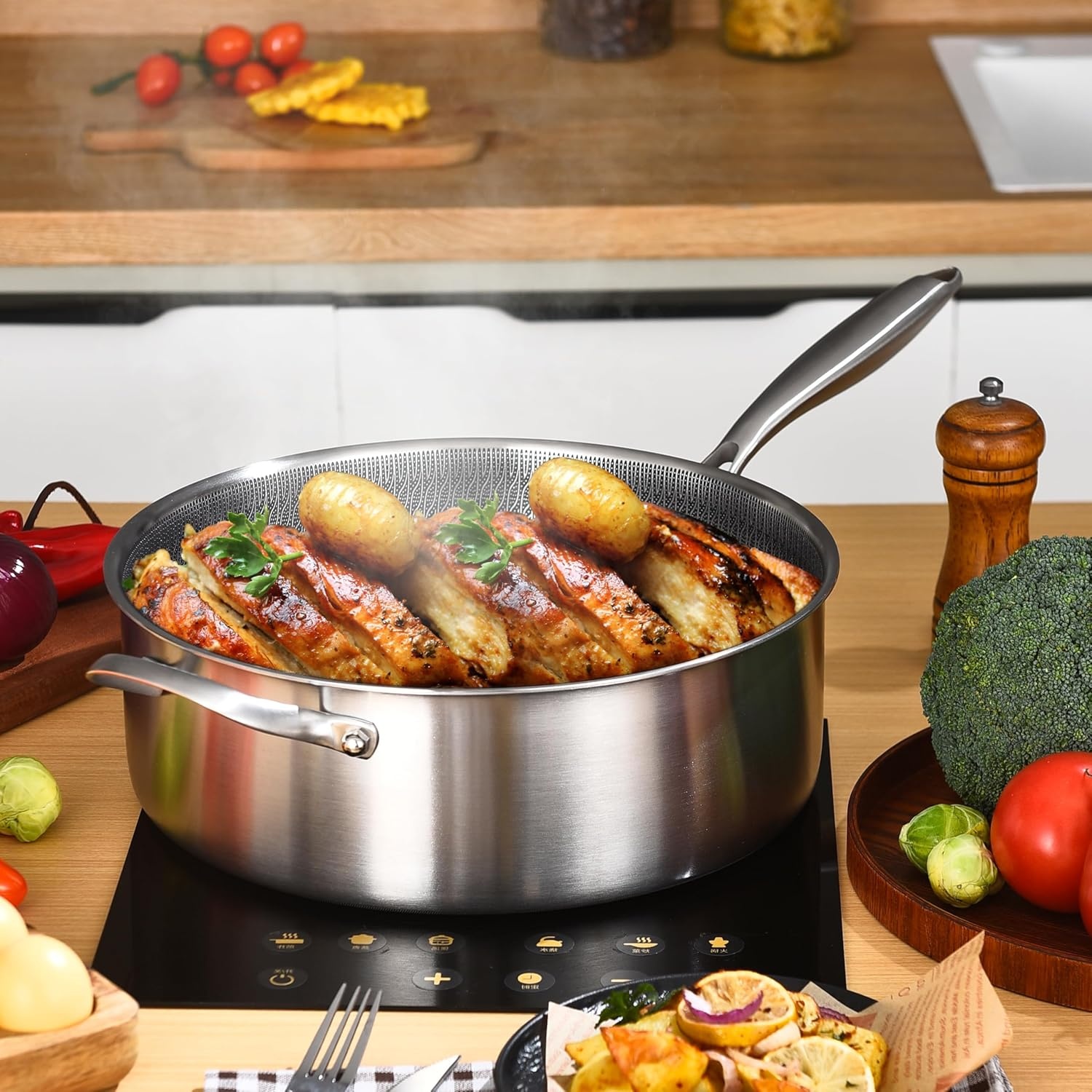 image:imageLOLYKITCH 12 Inch Deep Frying Pan with Lid Nonstick 5QT TriPly Stainless Steel Saut Pan with Ceramic Coating PFOA amp PFOS Free Induction Cooking Skillet Dishwasher and Oven Safe7 QT with Lid