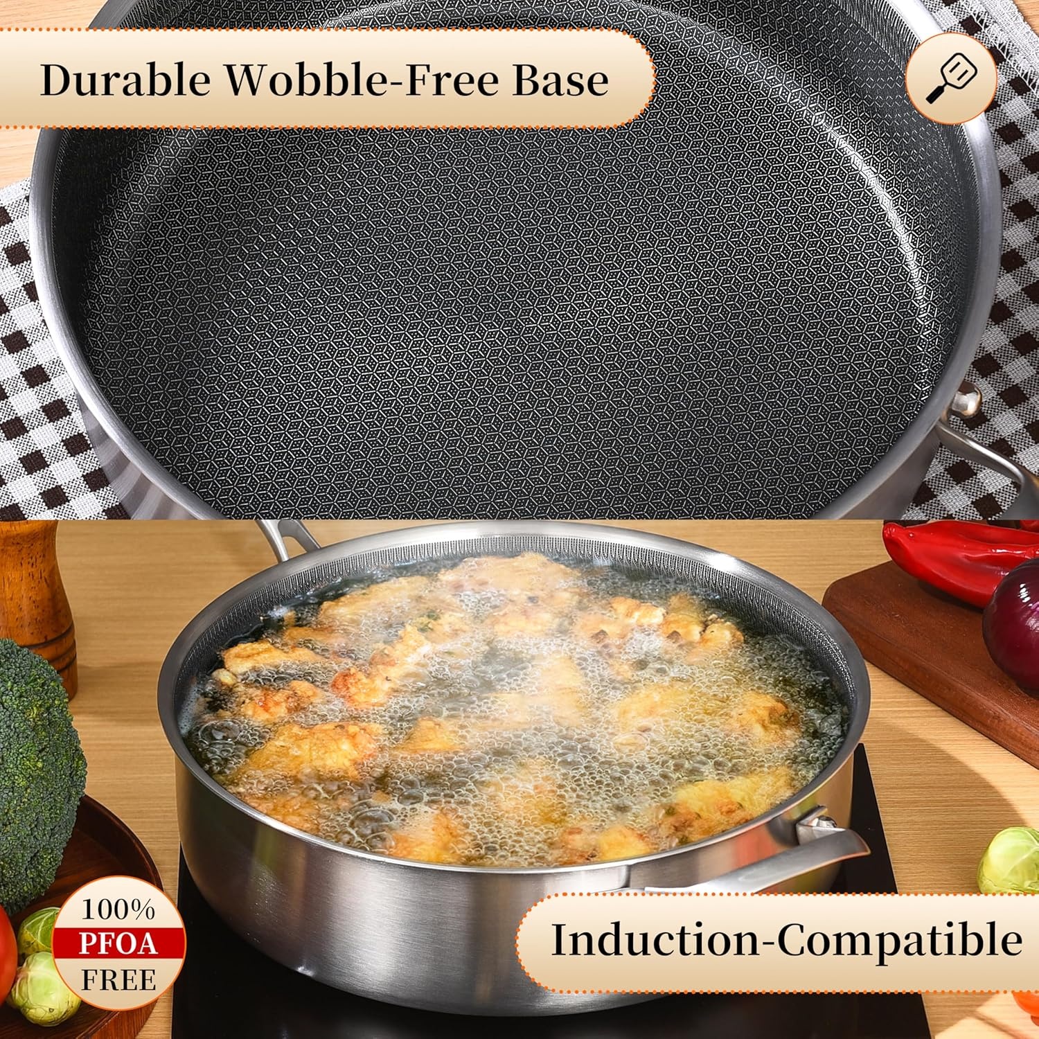 image:imageLOLYKITCH 12 Inch Deep Frying Pan with Lid Nonstick 5QT TriPly Stainless Steel Saut Pan with Ceramic Coating PFOA amp PFOS Free Induction Cooking Skillet Dishwasher and Oven Safe7 QT with Lid