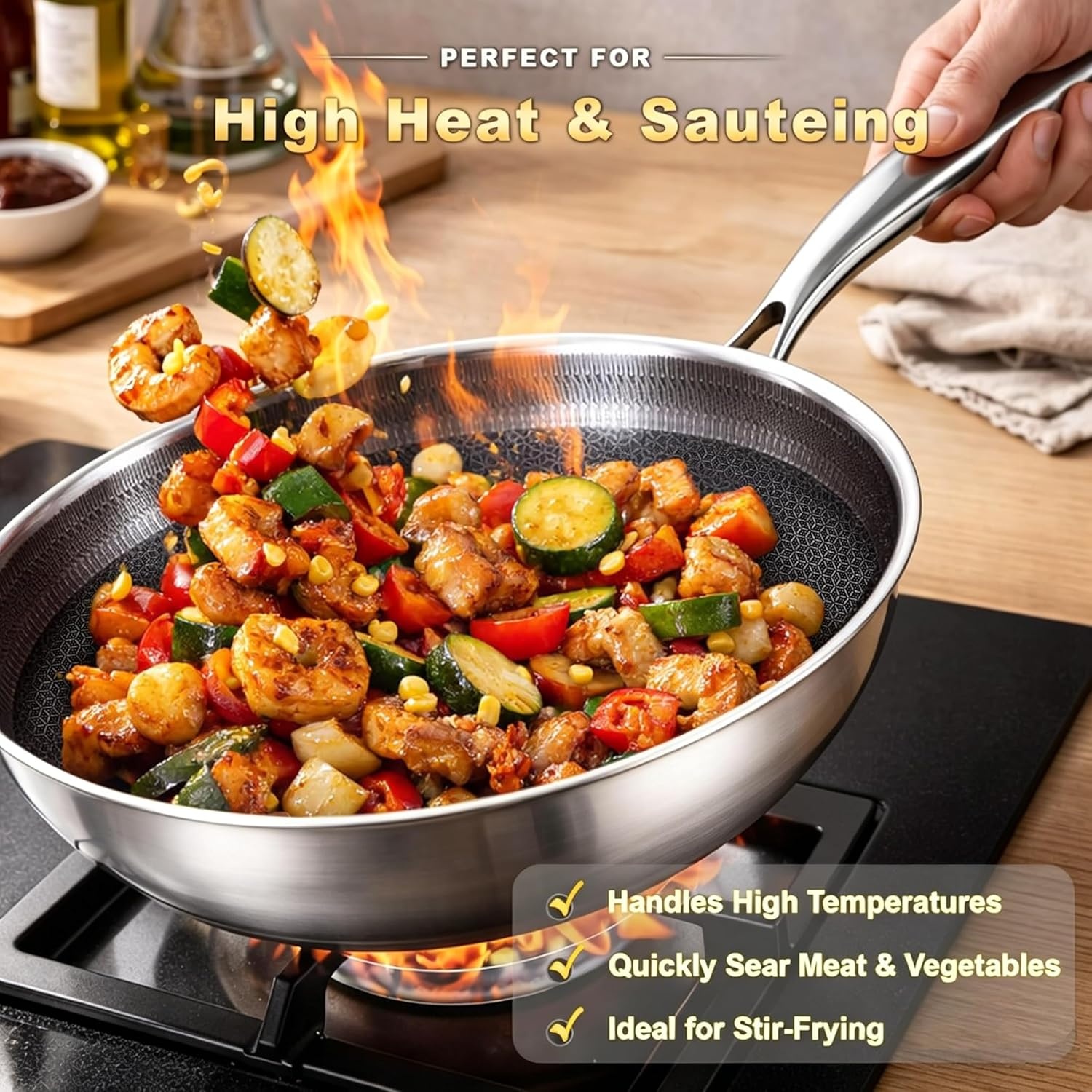 image:imageLOLYKITCH 12 Inch Hybrid Nonstick Wok with Lid Honeycomb Stainless Steel Wok Pan Oven amp Dishwasher Safe Large Flat Bottom Wok for Electric amp Induction Cooktop Long Handle Ceramic Coating12 Inch with Lid