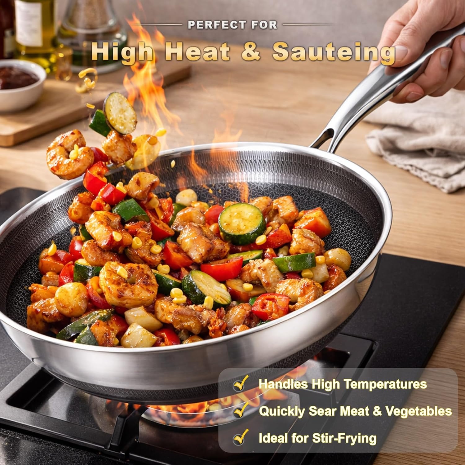 image:imageLOLYKITCH 12 Inch Hybrid Nonstick Wok with Lid Honeycomb Stainless Steel Wok Pan Oven amp Dishwasher Safe Large Flat Bottom Wok for Electric amp Induction Cooktop Long Handle Ceramic Coating13 Inch with Lid