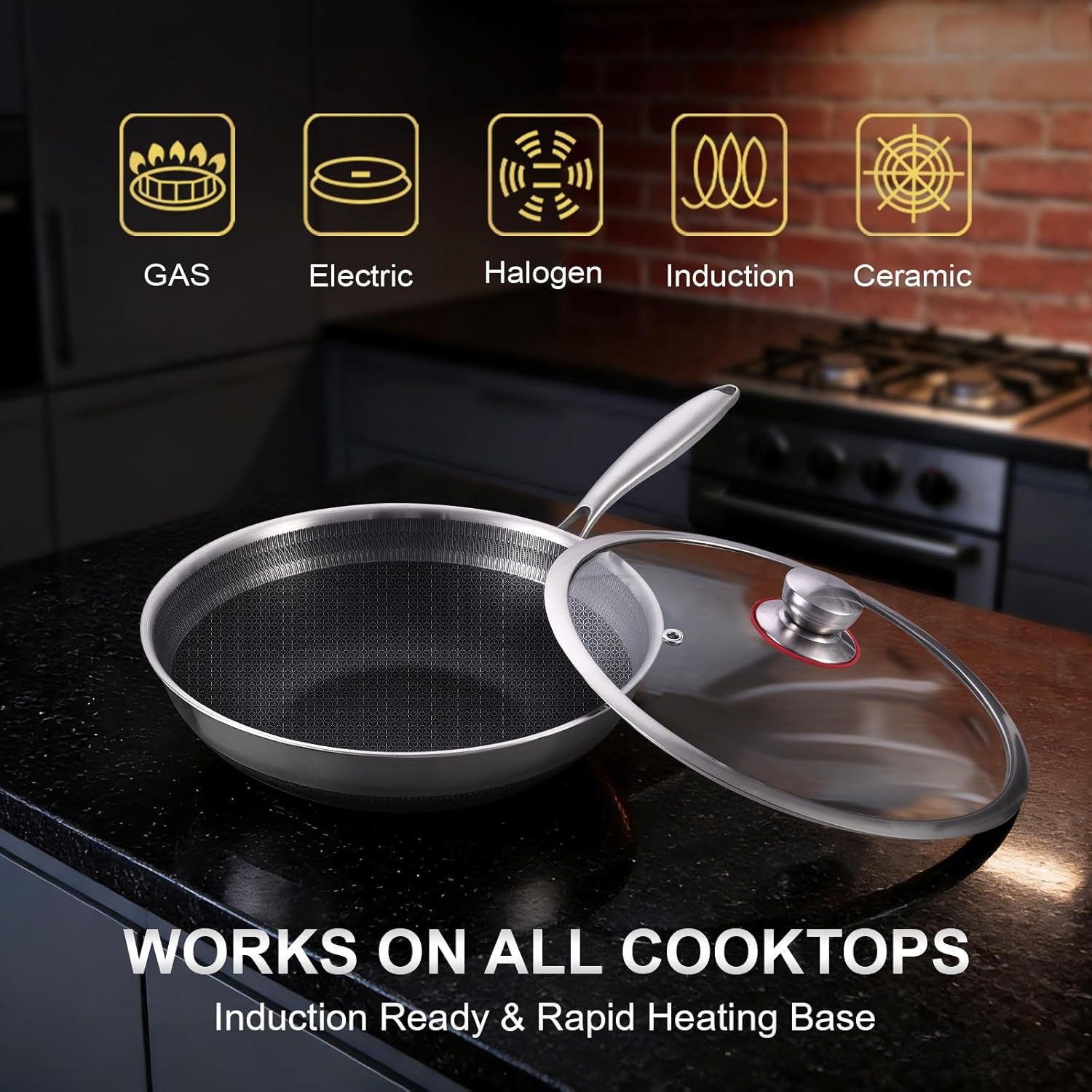 image:imageLOLYKITCH 12 Inch Hybrid Nonstick Wok with Lid Honeycomb Stainless Steel Wok Pan Oven amp Dishwasher Safe Large Flat Bottom Wok for Electric amp Induction Cooktop Long Handle Ceramic Coating13 Inch with Lid