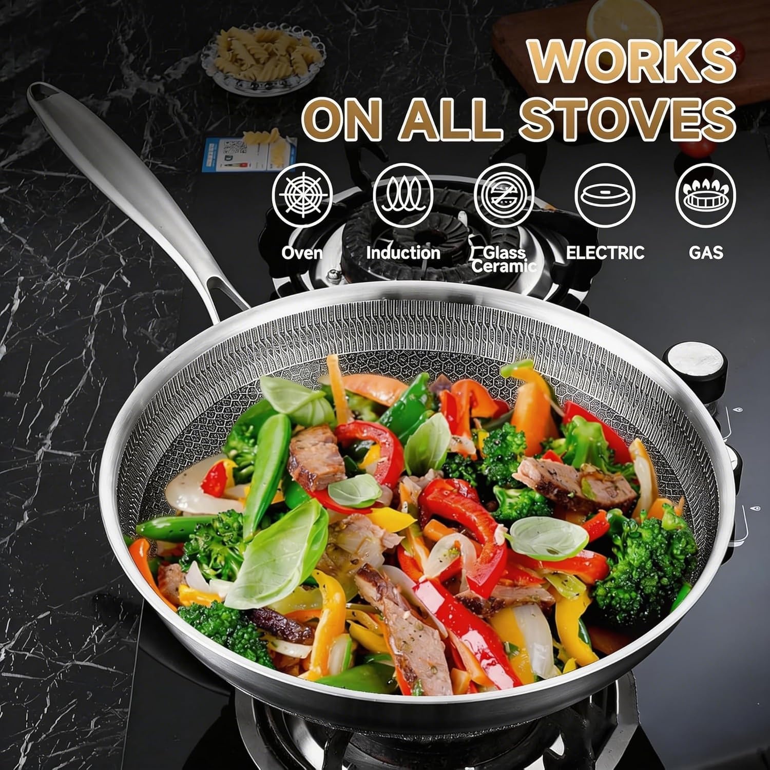 image:imageLOLYKITCH 12 Inch Hybrid Nonstick Wok with Lid Honeycomb Stainless Steel Wok Pan Oven amp Dishwasher Safe Large Flat Bottom Wok for Electric amp Induction Cooktop Long Handle Ceramic Coating12 Inch with Lid