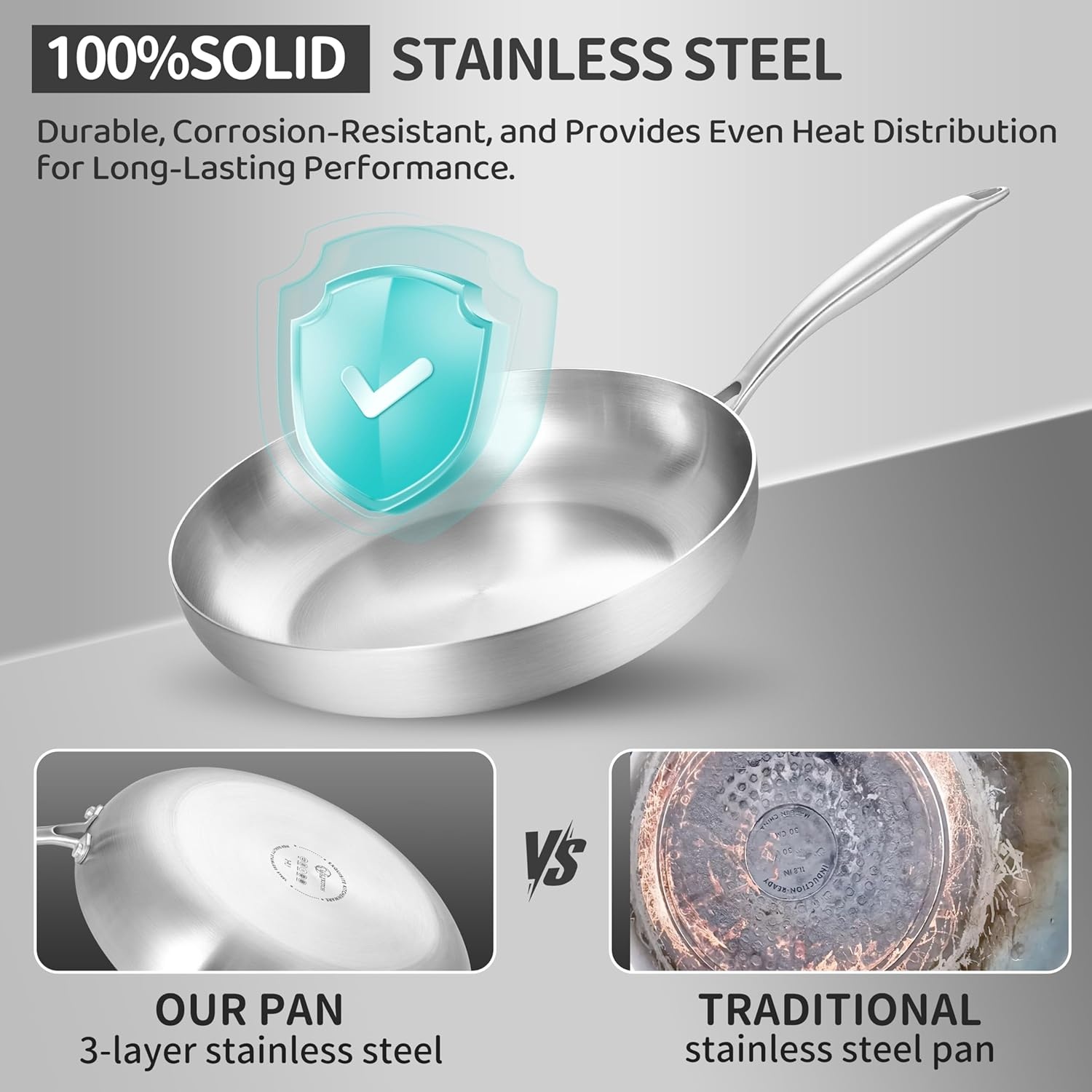 image:imageLOLYKITCH 12 Inch TriPly Stainless Steel Frying Pan with LidSkilletInduction Cooking PanOven Safe and Detachable Handle10 Inch with Lid