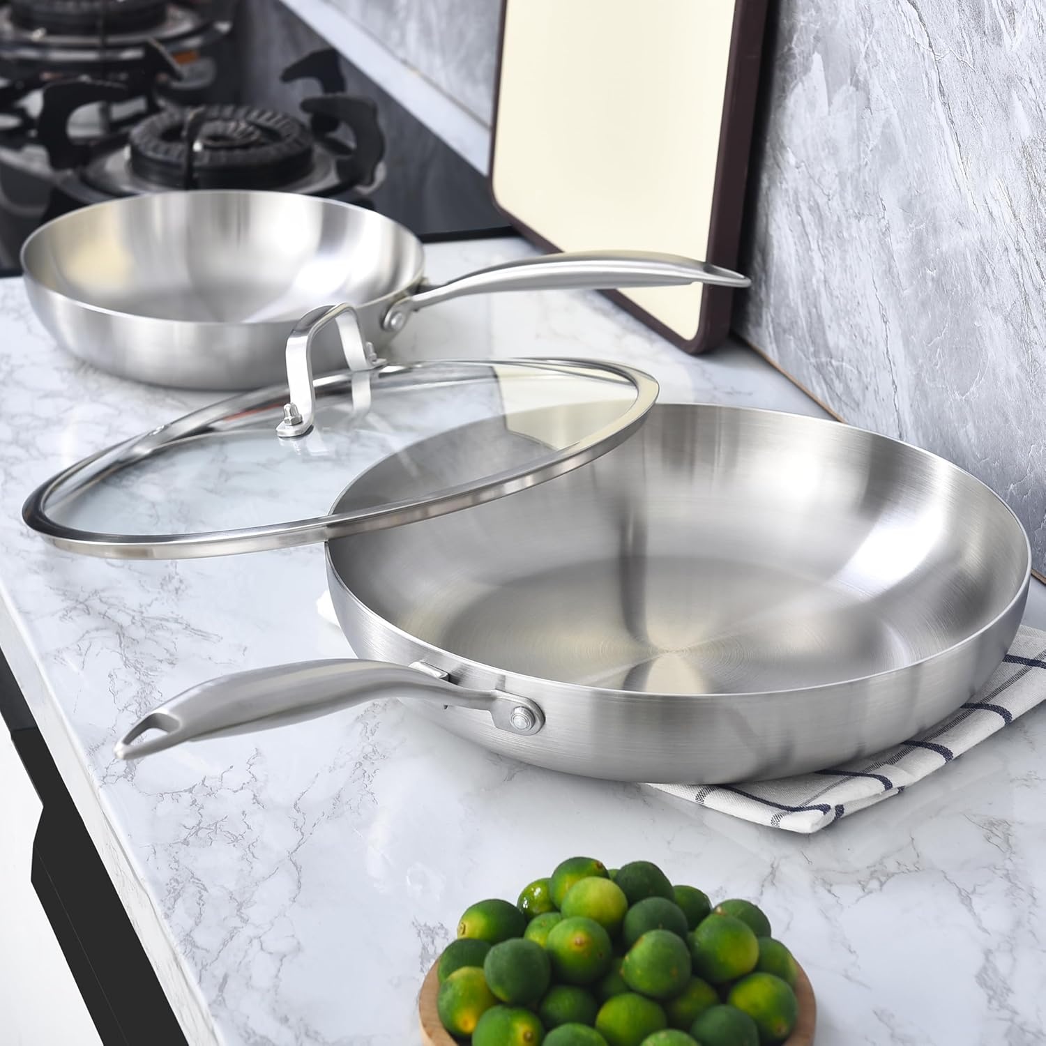 image:imageLOLYKITCH 12 Inch TriPly Stainless Steel Frying Pan with LidSkilletInduction Cooking PanOven Safe and Detachable Handle10 Inch with Lid