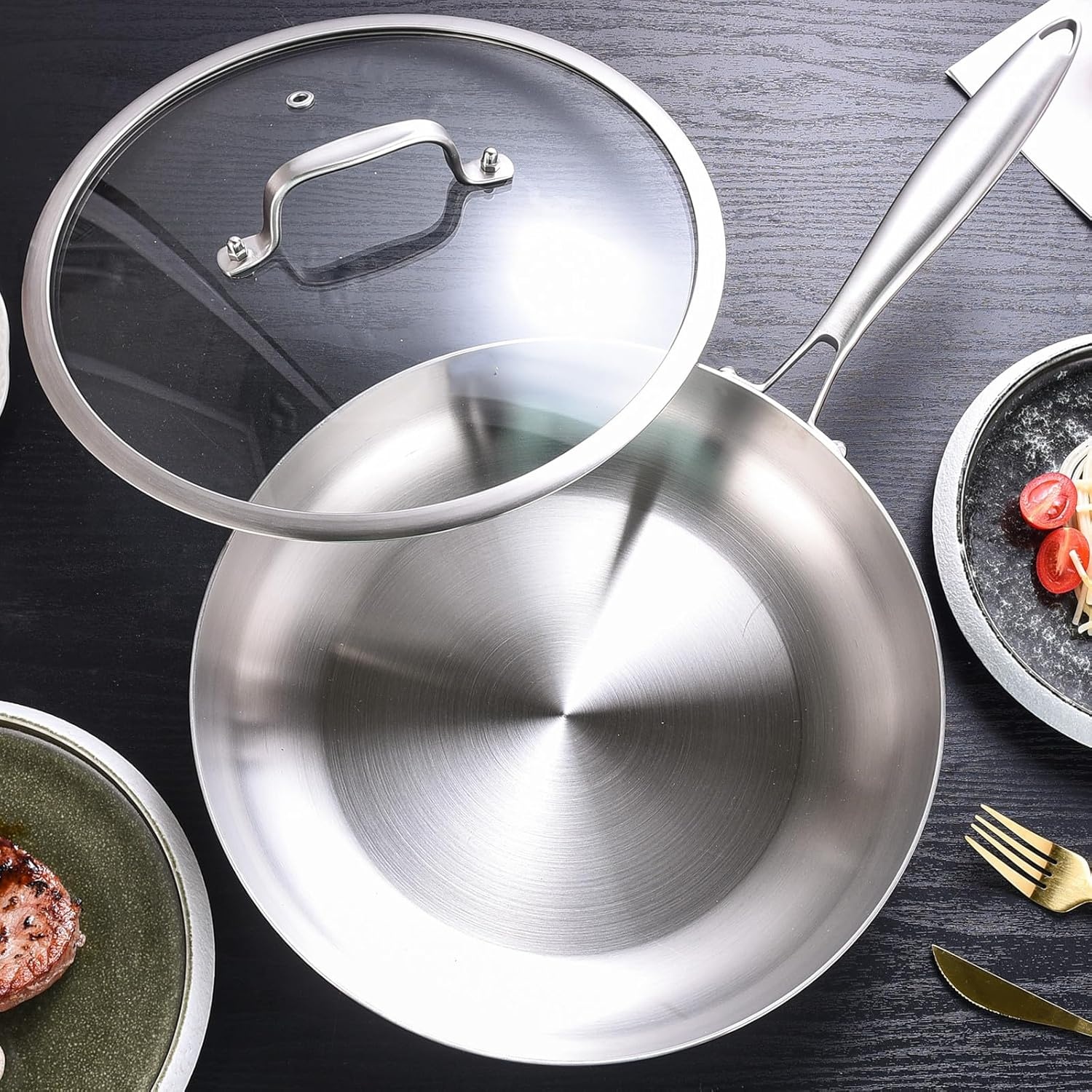 image:imageLOLYKITCH 12 Inch TriPly Stainless Steel Frying Pan with LidSkilletInduction Cooking PanOven Safe and Detachable Handle11 Inch with Lid