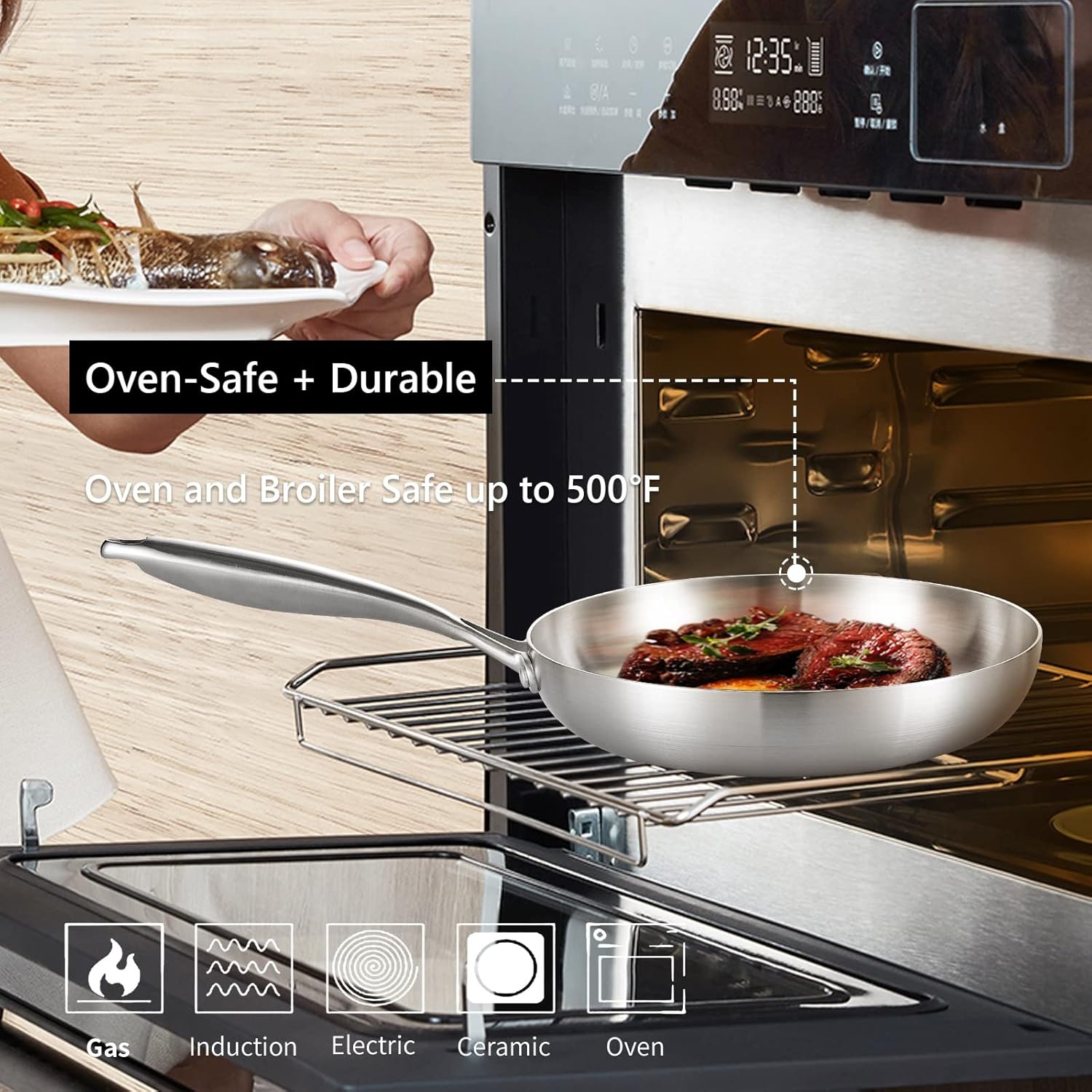 image:imageLOLYKITCH 12 Inch TriPly Stainless Steel Frying Pan with LidSkilletInduction Cooking PanOven Safe and Detachable Handle85 Inch with Lid