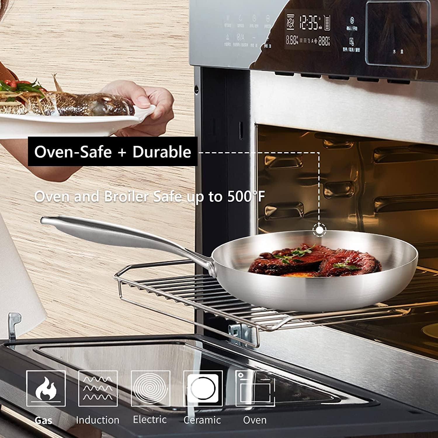 image:imageLOLYKITCH 12 Inch TriPly Stainless Steel Frying Pan with LidSkilletInduction Cooking PanOven Safe and Detachable Handle8512 Inch without Lid