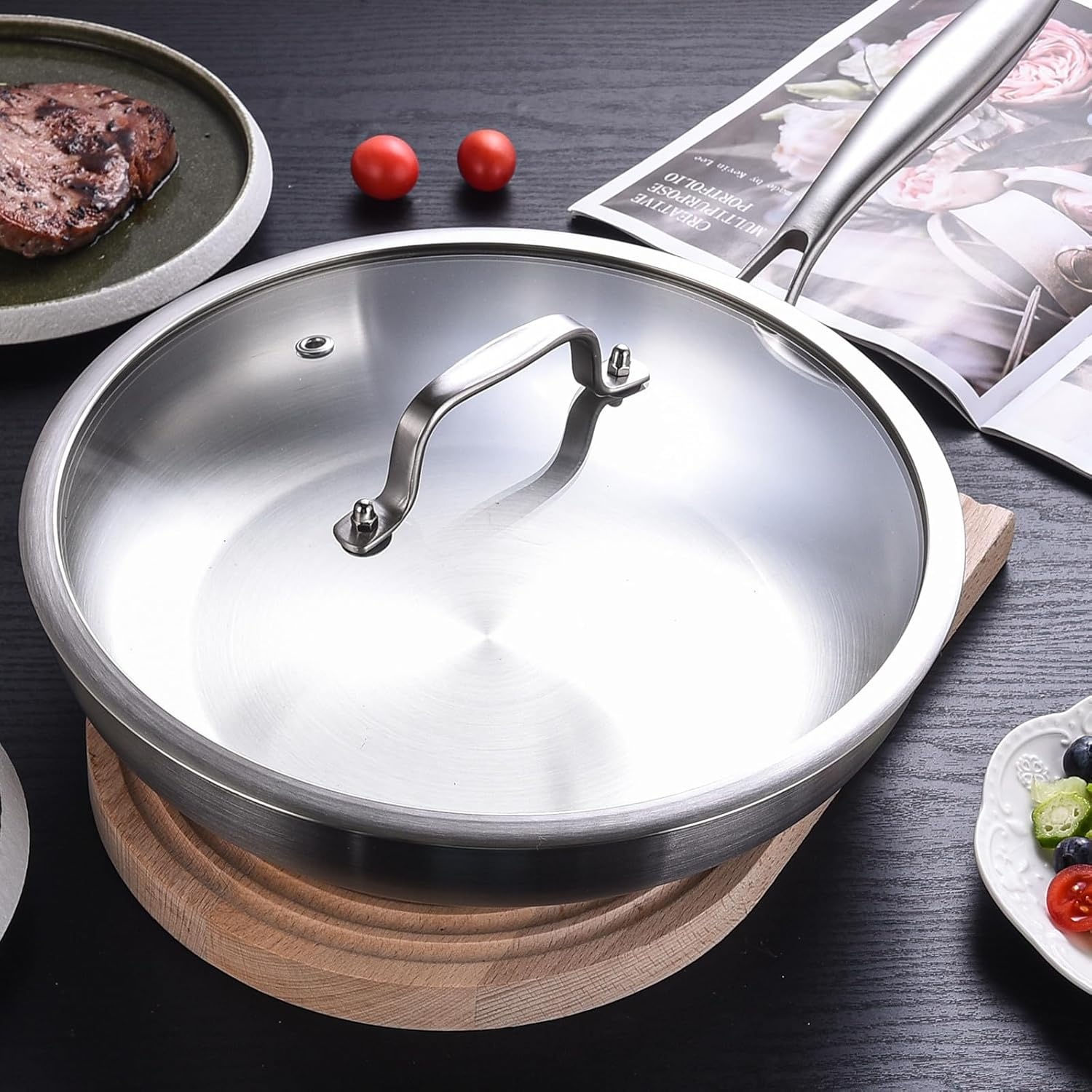 image:imageLOLYKITCH 12 Inch TriPly Stainless Steel Frying Pan with LidSkilletInduction Cooking PanOven Safe and Detachable Handle95 In with Lid