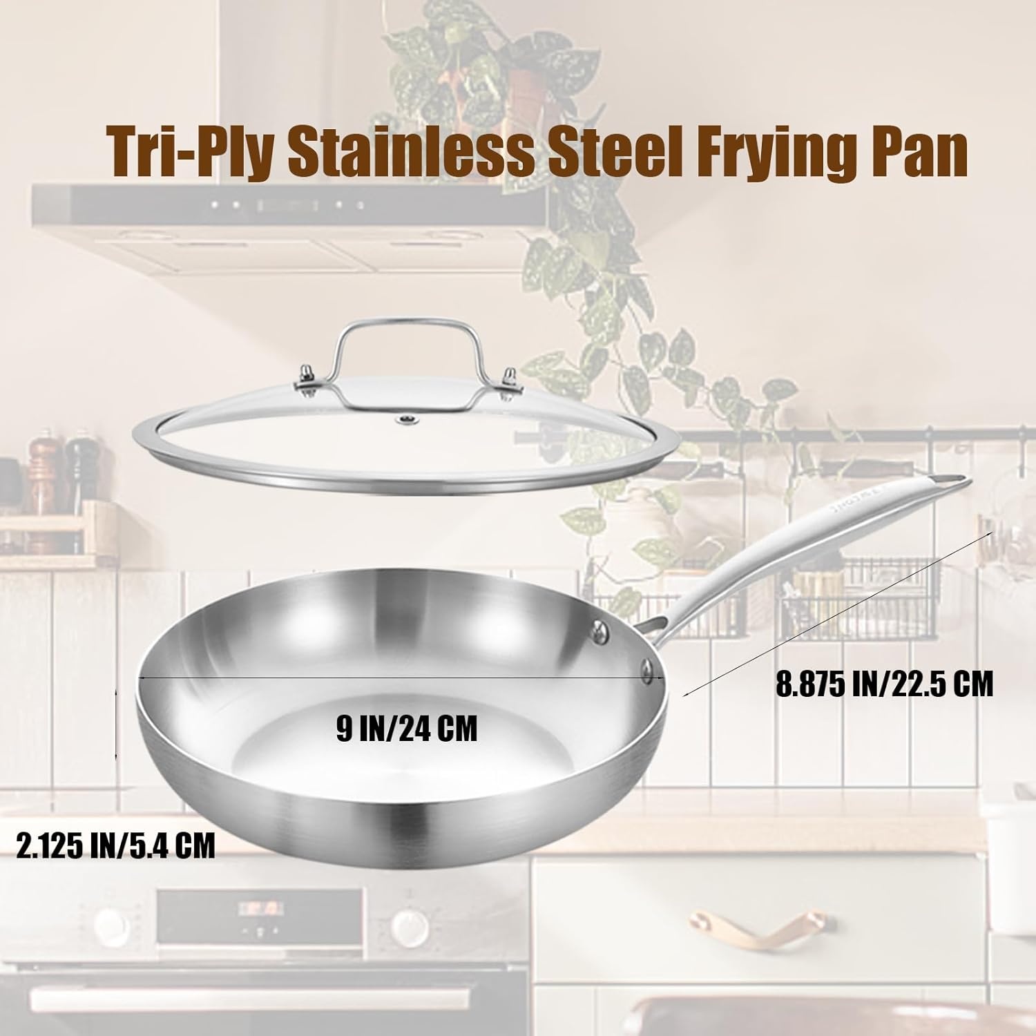 image:imageLOLYKITCH 12 Inch TriPly Stainless Steel Frying Pan with LidSkilletInduction Cooking PanOven Safe and Detachable Handle95 In with Lid