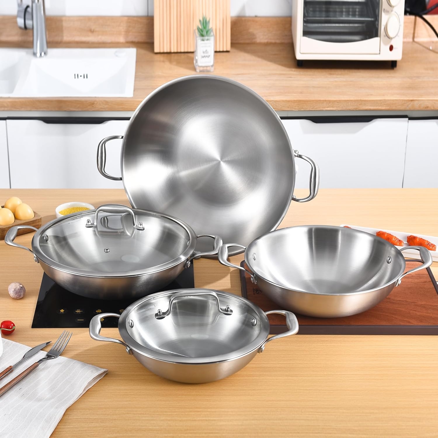 image:imageLOLYKITCH 12 Inch TriPly Stainless Steel Wok Pan with LidKadai5 QT Induction Cooking PotDishwasher and Oven Safe11 Inch with Glass Lid