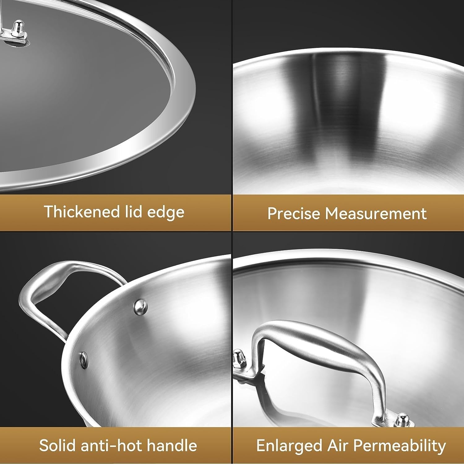 image:imageLOLYKITCH 12 Inch TriPly Stainless Steel Wok Pan with LidKadai5 QT Induction Cooking PotDishwasher and Oven Safe11 Inch with Glass Lid