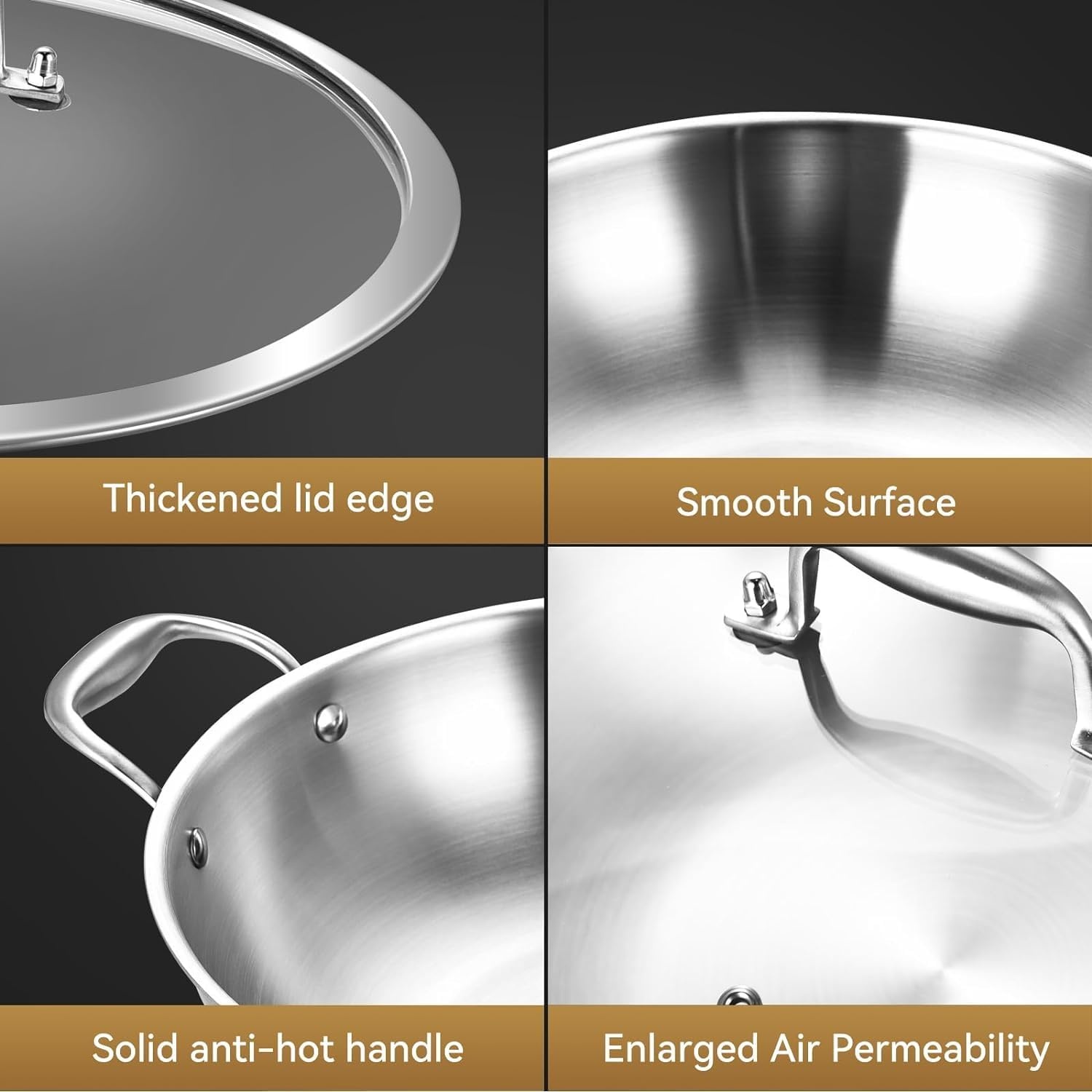 image:imageLOLYKITCH 12 Inch TriPly Stainless Steel Wok Pan with LidKadai5 QT Induction Cooking PotDishwasher and Oven Safe13 Inch with Glass Lid