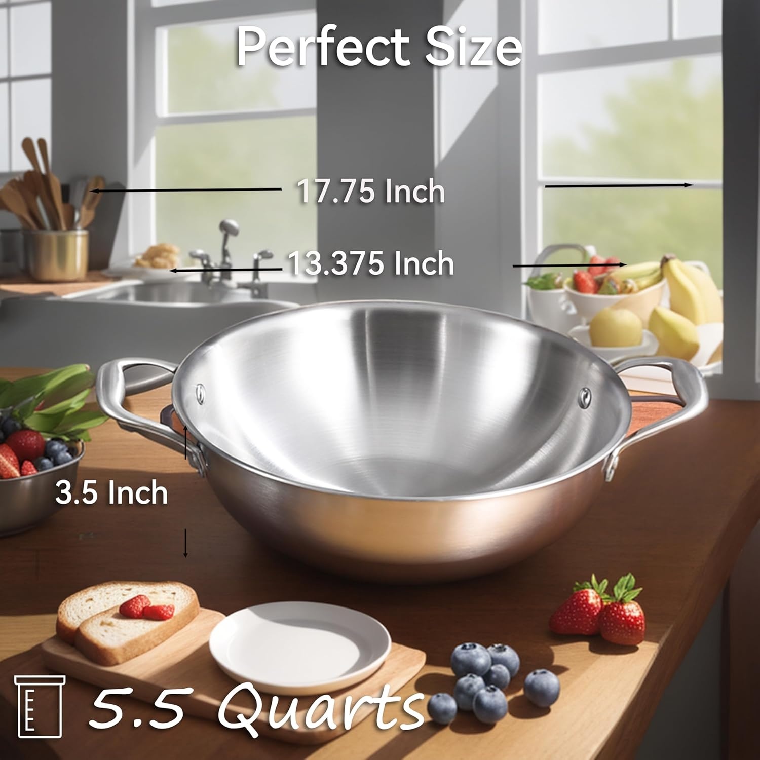 image:imageLOLYKITCH 12 Inch TriPly Stainless Steel Wok Pan with LidKadai5 QT Induction Cooking PotDishwasher and Oven Safe13 Inch with Glass Lid