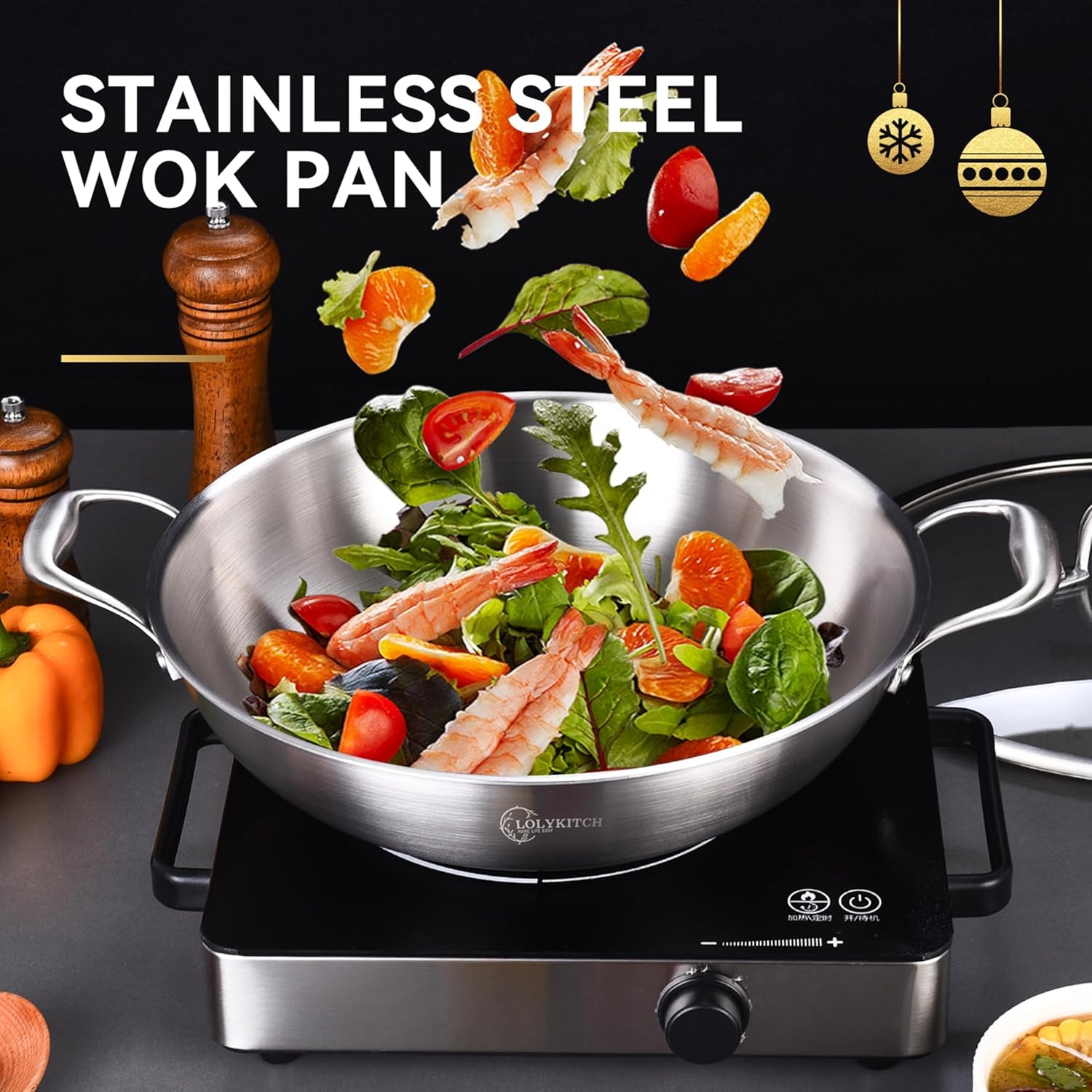 image:imageLOLYKITCH 12 Inch TriPly Stainless Steel Wok Pan with LidKadai5 QT Induction Cooking PotDishwasher and Oven Safe145 Inch without Lid