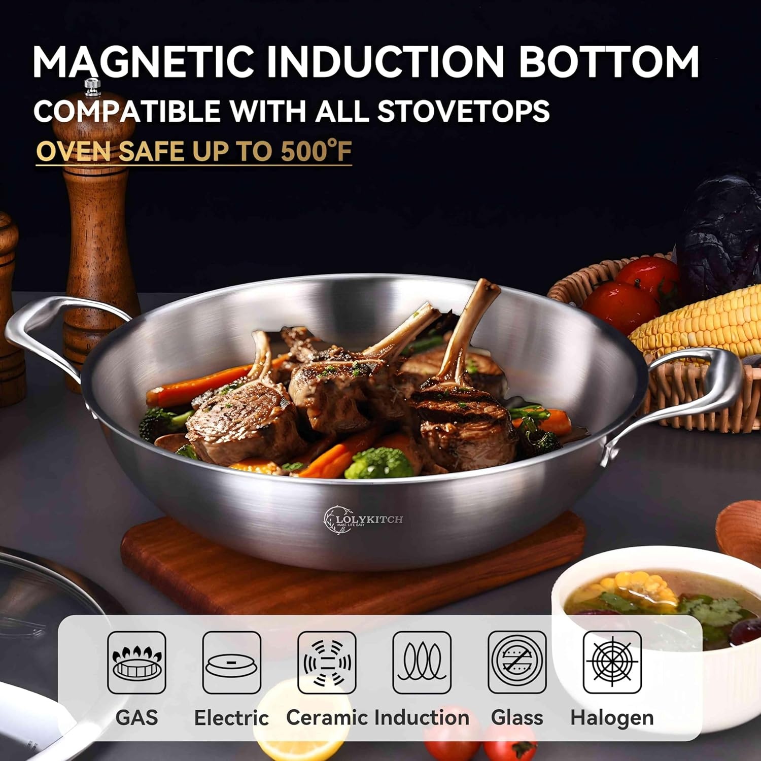 image:imageLOLYKITCH 12 Inch TriPly Stainless Steel Wok Pan with LidKadai5 QT Induction Cooking PotDishwasher and Oven Safe145 Inch without Lid