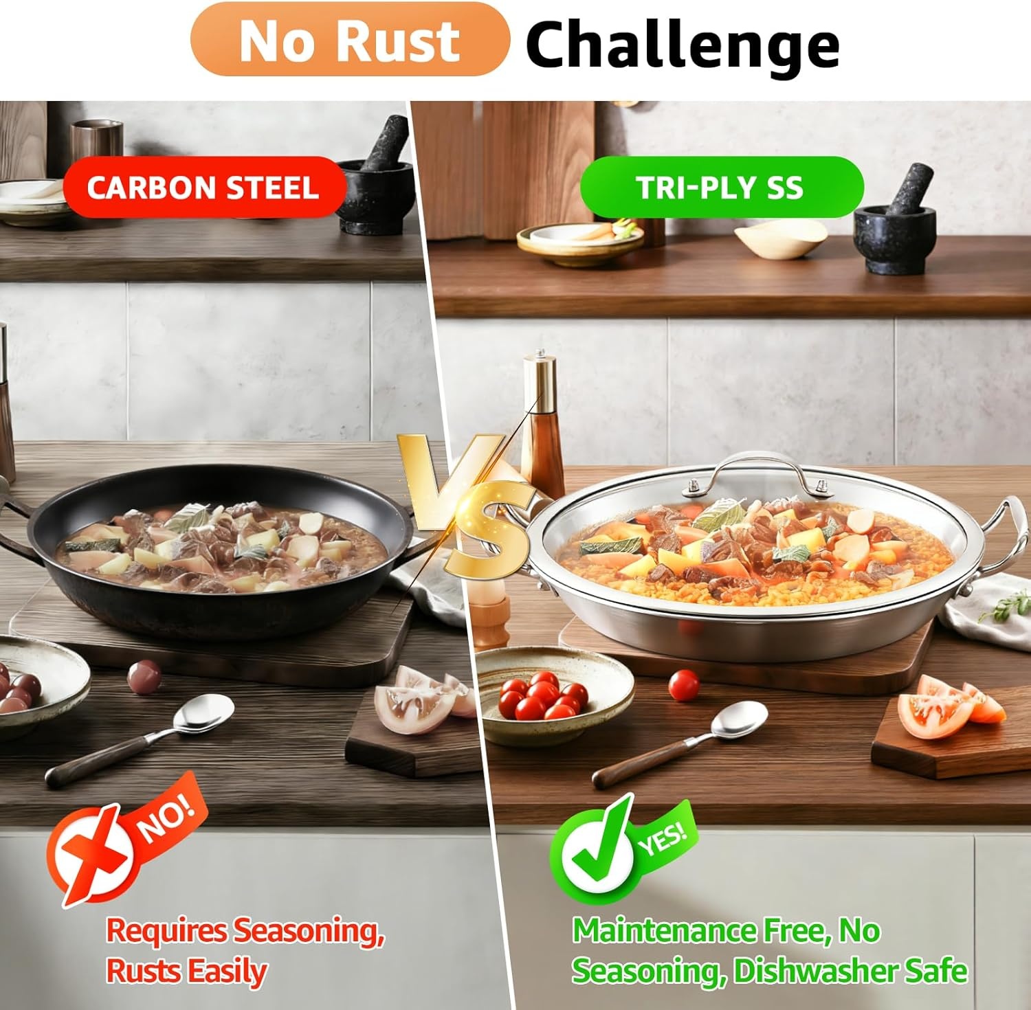image:imageLOLYKITCH 13 Inch Triply Stainless Steel Paella Pan with LidGriddleLarge SkilletOmeletJumbo CookerHeavy Duty Dishwasher and Oven Safe16 Inch