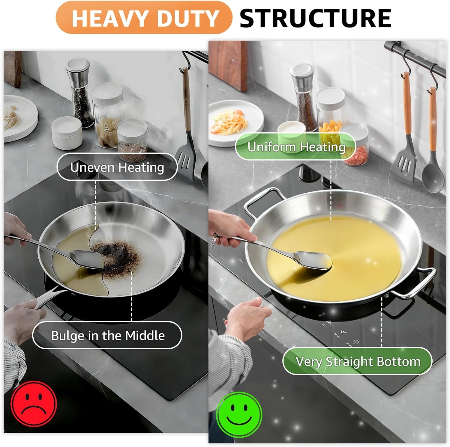 image:imageLOLYKITCH 13 Inch Triply Stainless Steel Paella Pan with LidGriddleLarge SkilletOmeletJumbo CookerHeavy Duty Dishwasher and Oven Safe16 Inch