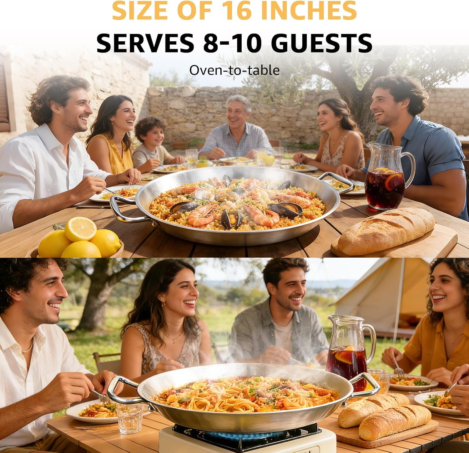 image:imageLOLYKITCH 13 Inch Triply Stainless Steel Paella Pan with LidGriddleLarge SkilletOmeletJumbo CookerHeavy Duty Dishwasher and Oven Safe16 Inch
