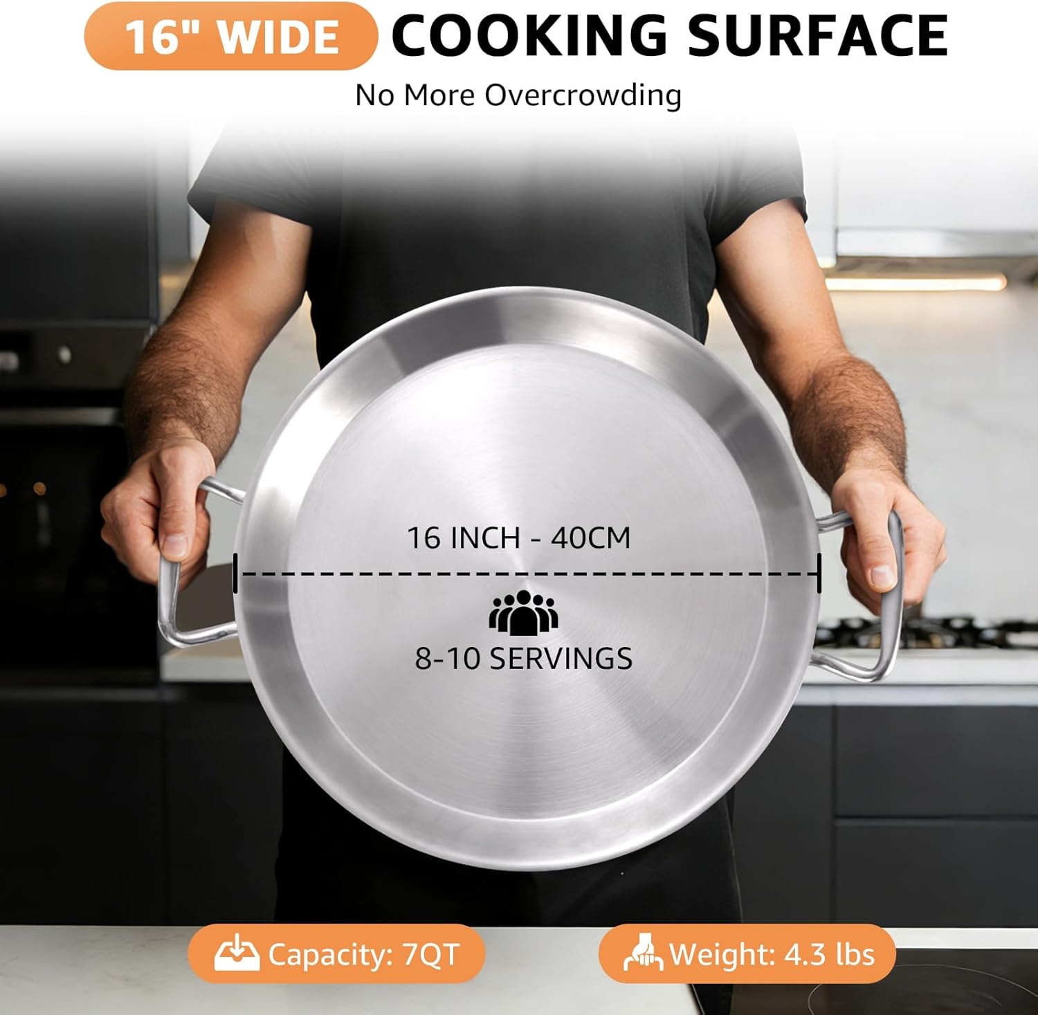 image:imageLOLYKITCH 13 Inch Triply Stainless Steel Paella Pan with LidGriddleLarge SkilletOmeletJumbo CookerHeavy Duty Dishwasher and Oven Safe16 Inch