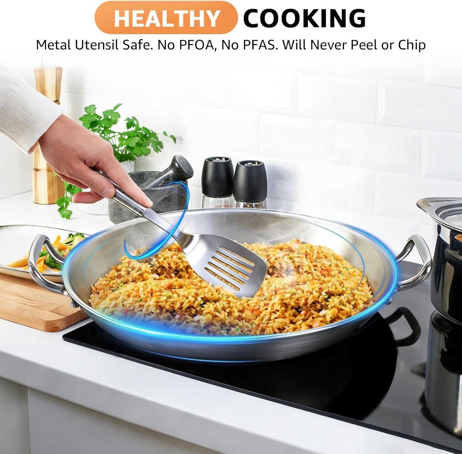image:imageLOLYKITCH 13 Inch Triply Stainless Steel Paella Pan with LidGriddleLarge SkilletOmeletJumbo CookerHeavy Duty Dishwasher and Oven Safe16 Inch