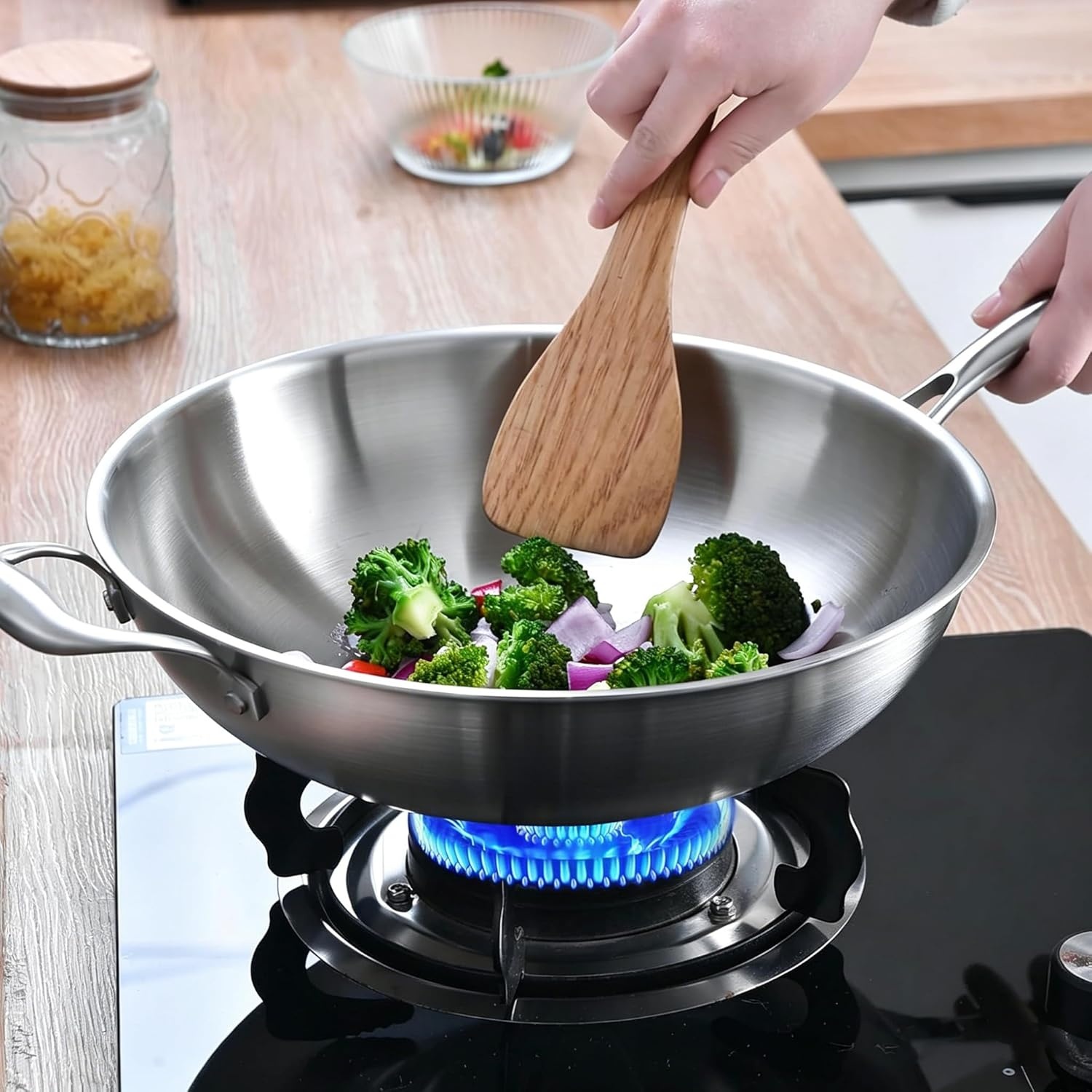 image:imageLOLYKITCH 145 Inch StirFrying Wok Pan TriPly Stainless Steel Induction Cooking Wok PanDishwasher and Oven SafeHeavy Duty and Detachable Handle145Inch