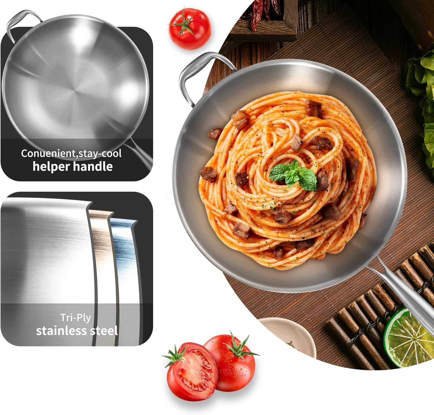 image:imageLOLYKITCH 145 Inch StirFrying Wok Pan TriPly Stainless Steel Induction Cooking Wok PanDishwasher and Oven SafeHeavy Duty and Detachable Handle145Inch